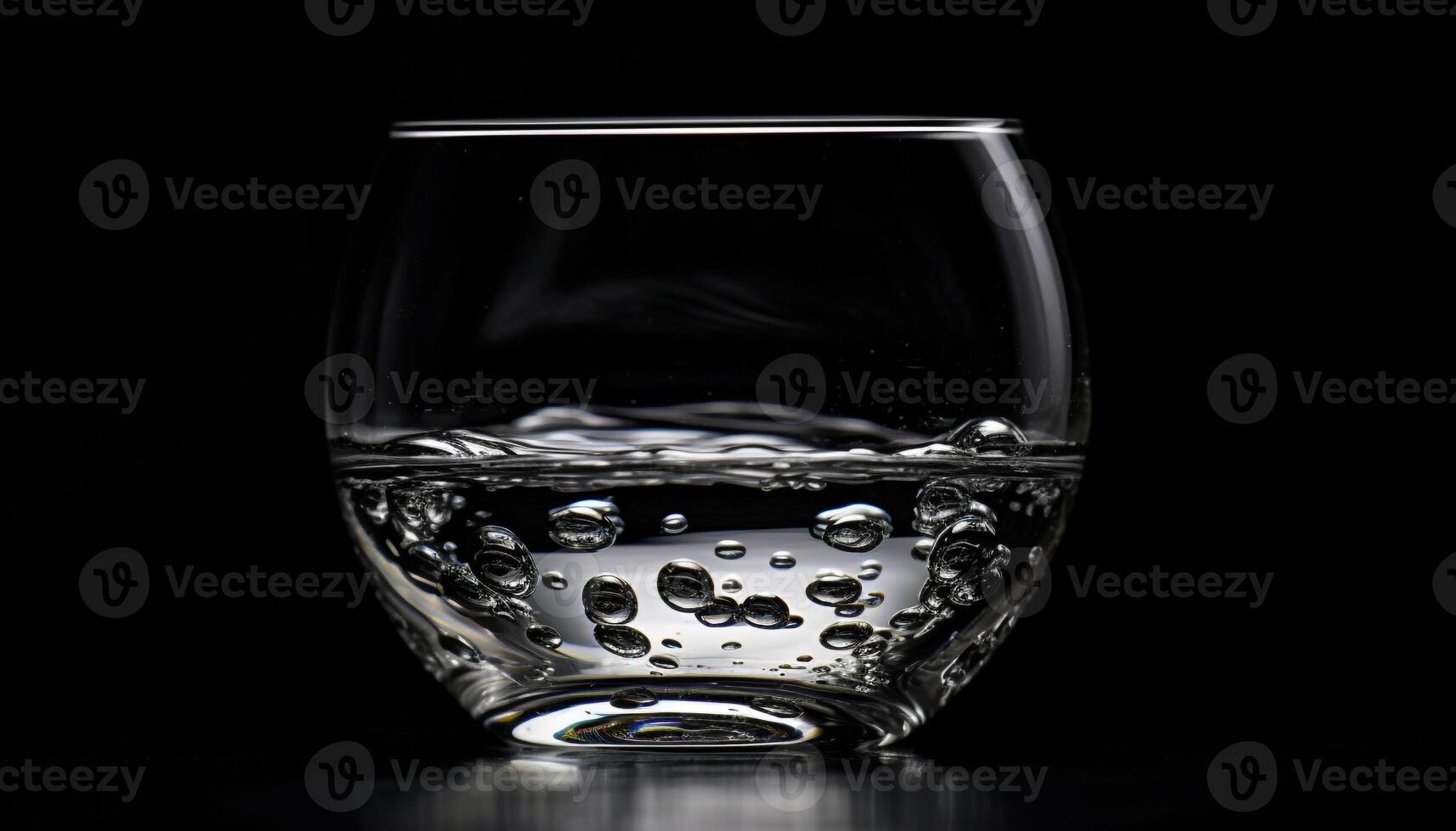 Transparent drinking glass reflects black background, wet with fresh water generated by AI photo