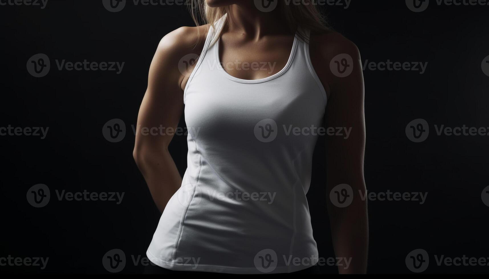 One athletic woman standing in black, , front view generated by AI photo