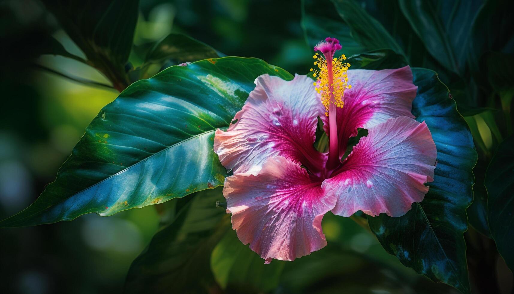 Vibrant hibiscus blossom in tropical rainforest, a stunning natural decoration generated by AI photo