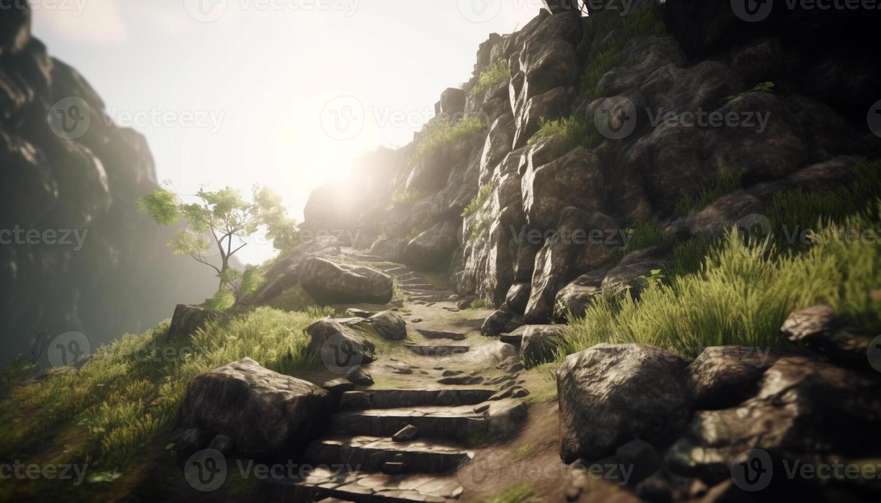 Tranquil mountain footpath leads to stunning cliff overlooking flowing water generated by AI photo