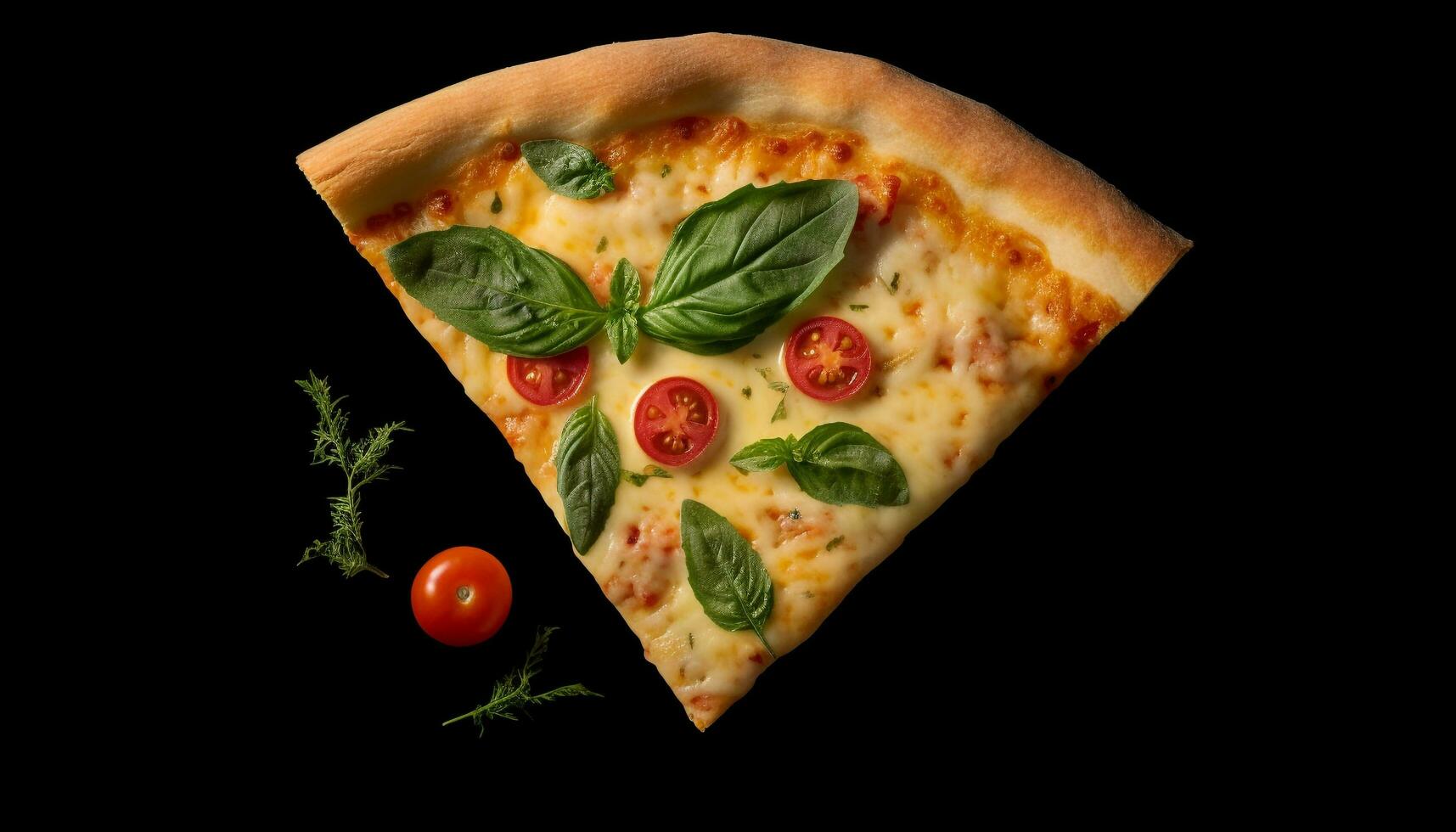 Freshly baked pizza slice with mozzarella, tomato, and herbs generated by AI photo