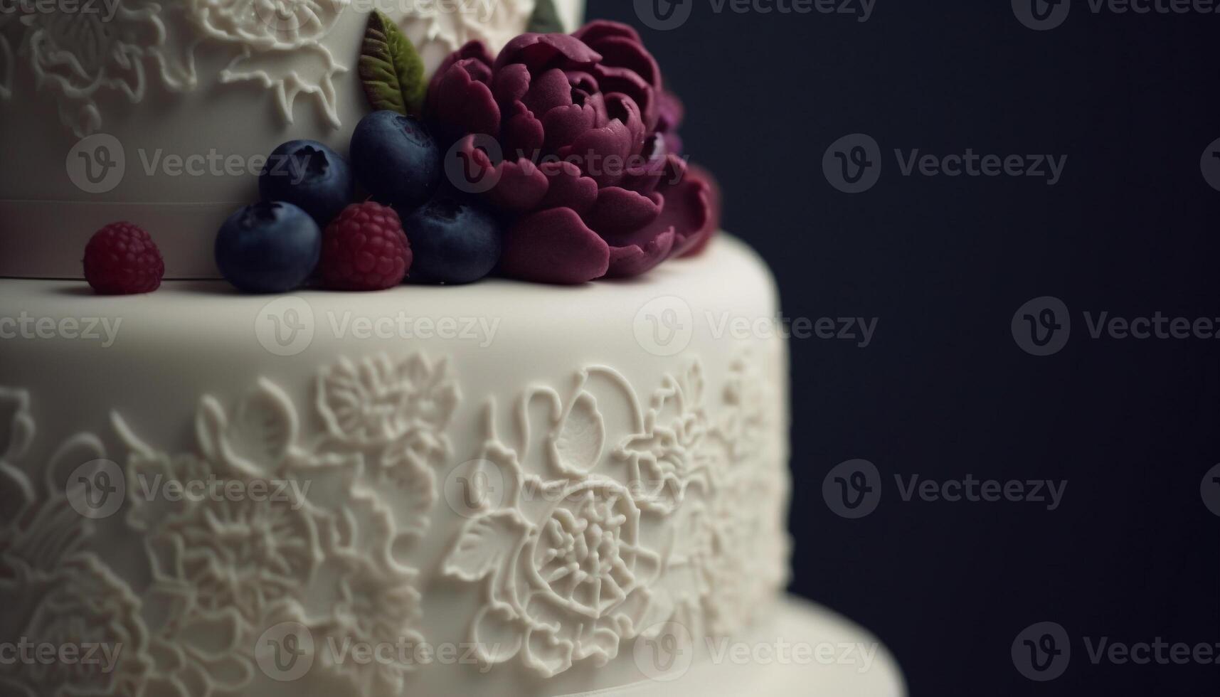 Luxury wedding cake with whipped cream, chocolate, and raspberry decoration generated by AI photo