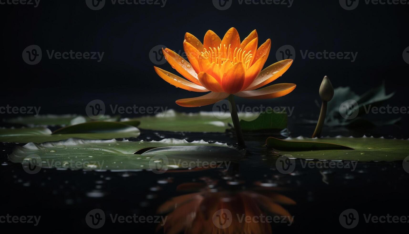 Vibrant lotus blossom floats on tranquil pond, symbolizing elegance generated by AI photo