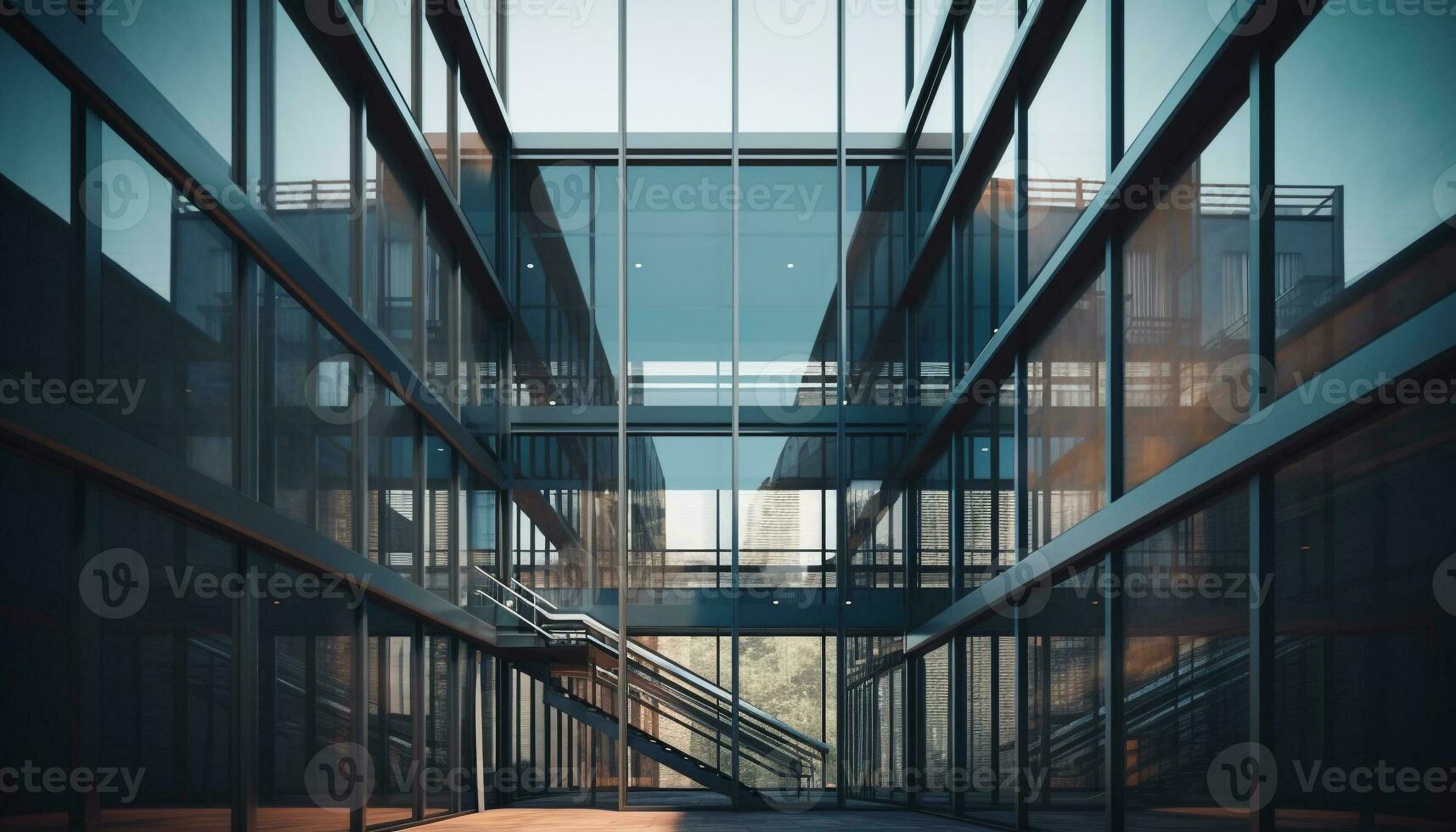 Futuristic modern architecture with abstract steel staircase and glass walls generated by AI photo