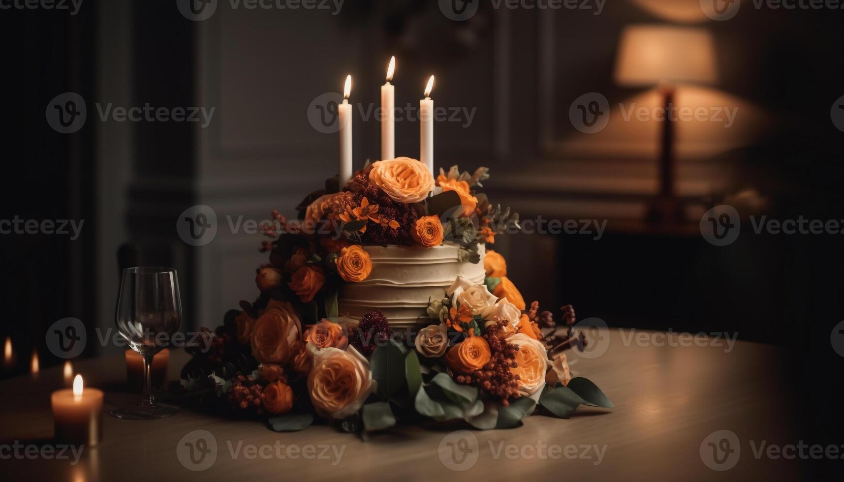 Candlelight illuminates elegant table with chocolate dessert and flower decoration generated by AI photo