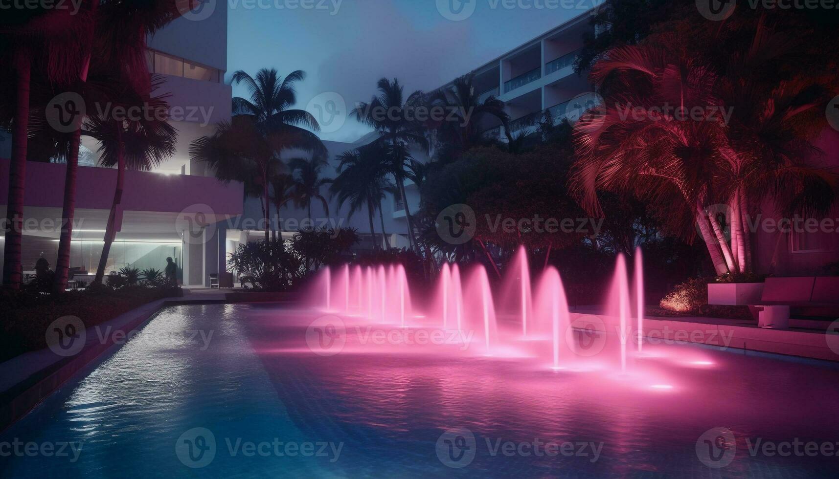 Luxury hotel with palm trees, swimming pool, and purple sunset generated by AI photo