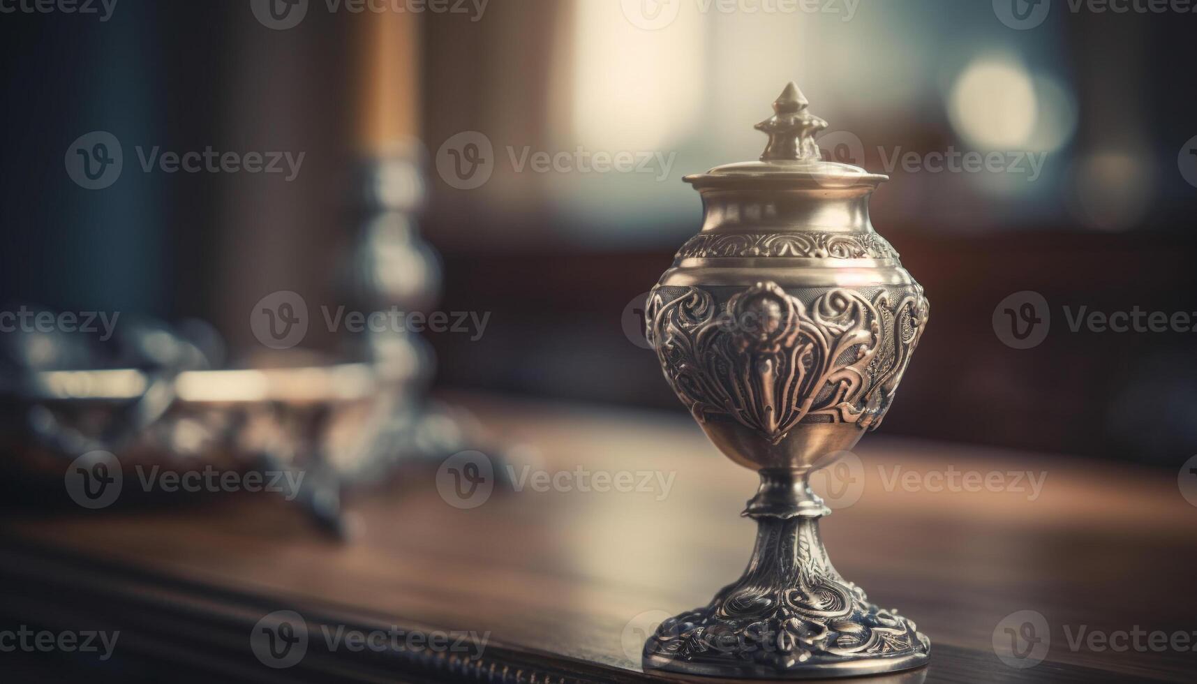 Antique altar candle shines on ornate wooden desk in darkness generated by AI photo