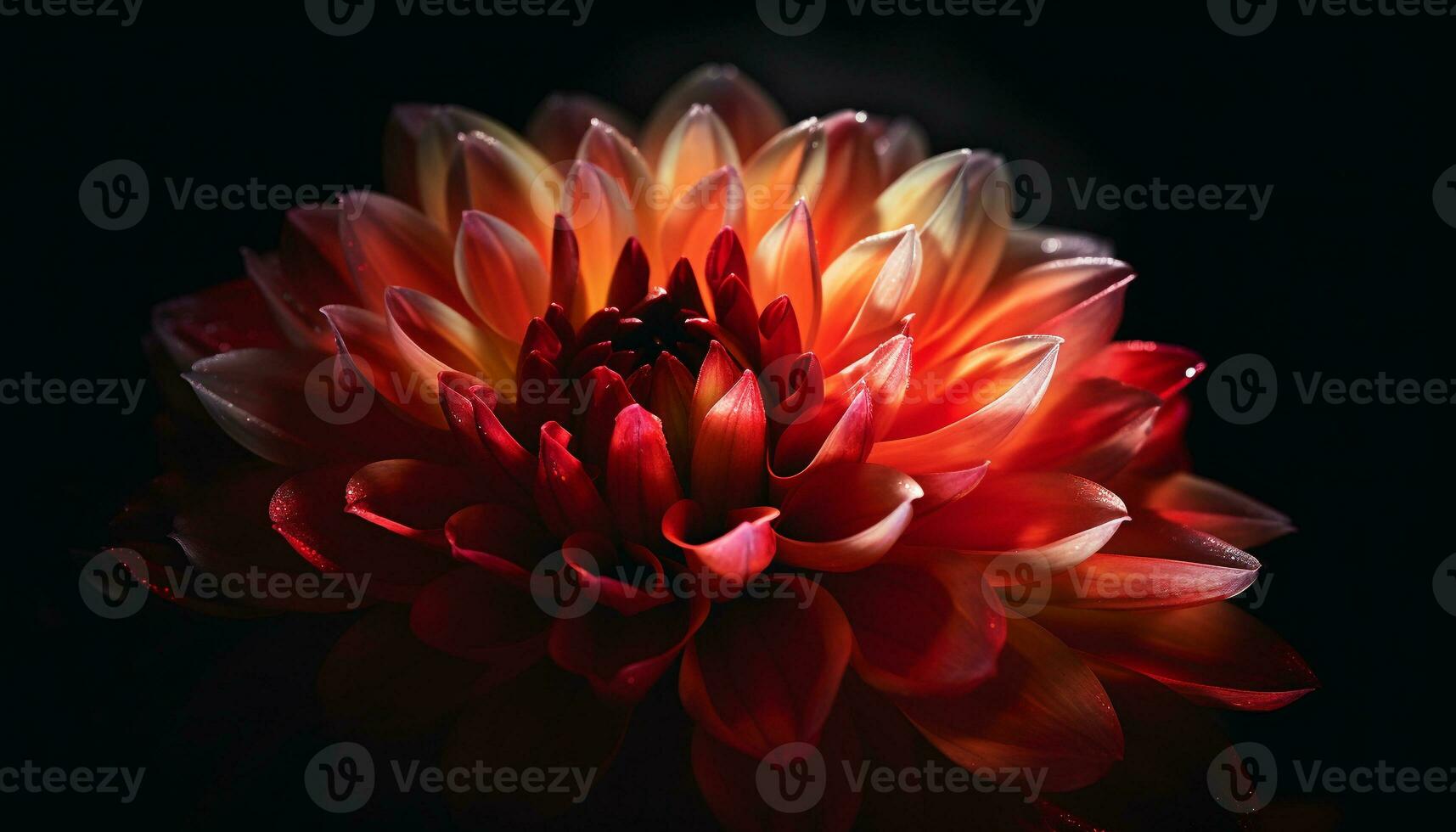 Vibrant petals of a multi colored dahlia in a dark background generated by AI photo