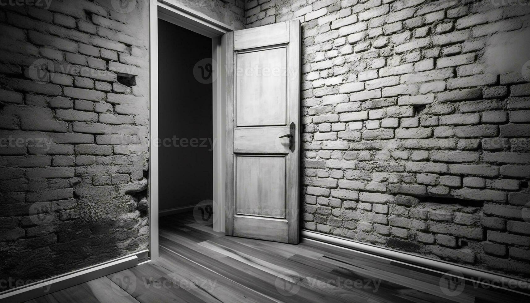 oscuro antiguo puerta con ladrillo paredes y de madera Entrada diseño generado por ai foto