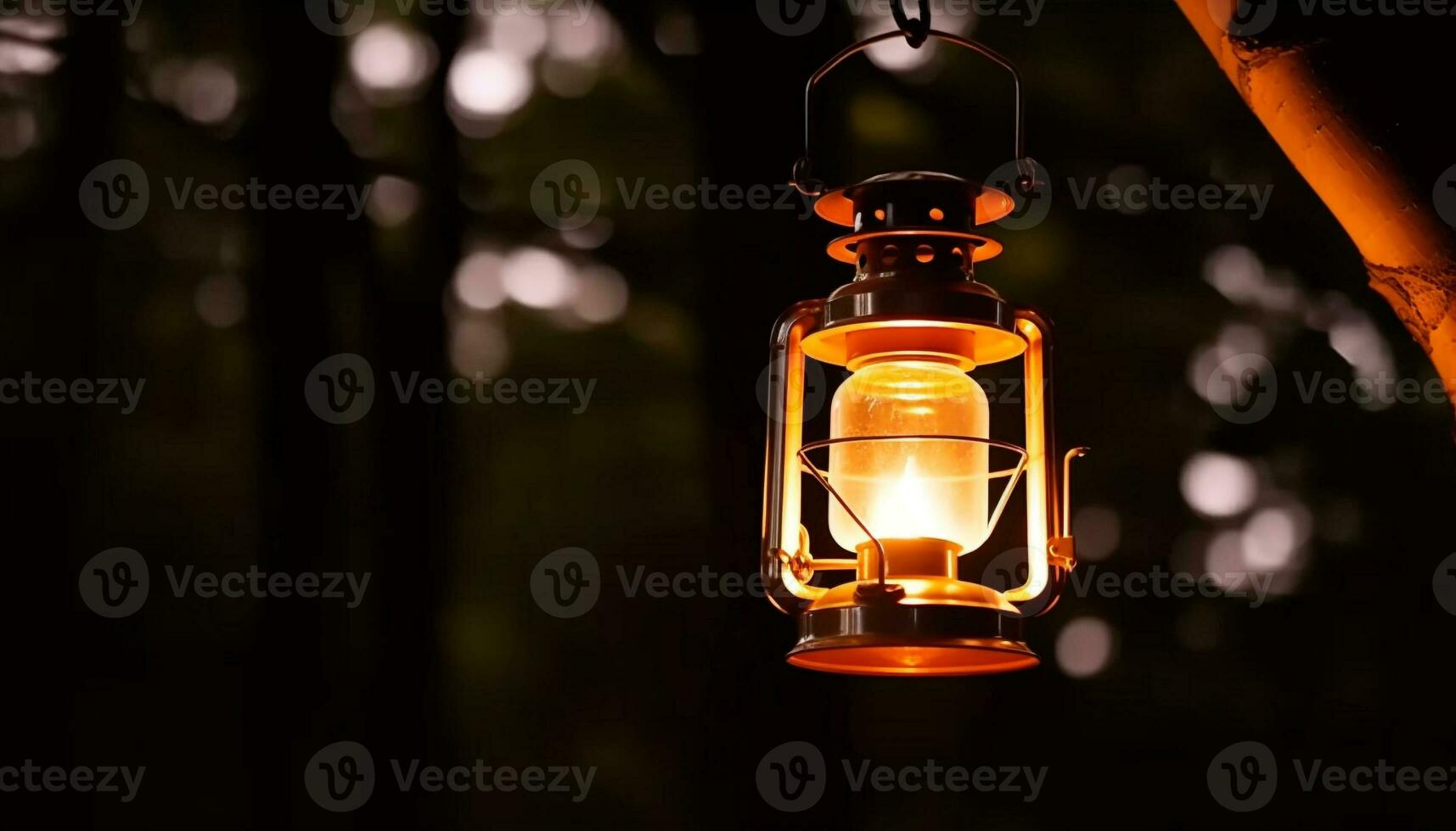 Glowing antique lantern illuminates dark outdoors with defocused background generated by AI photo