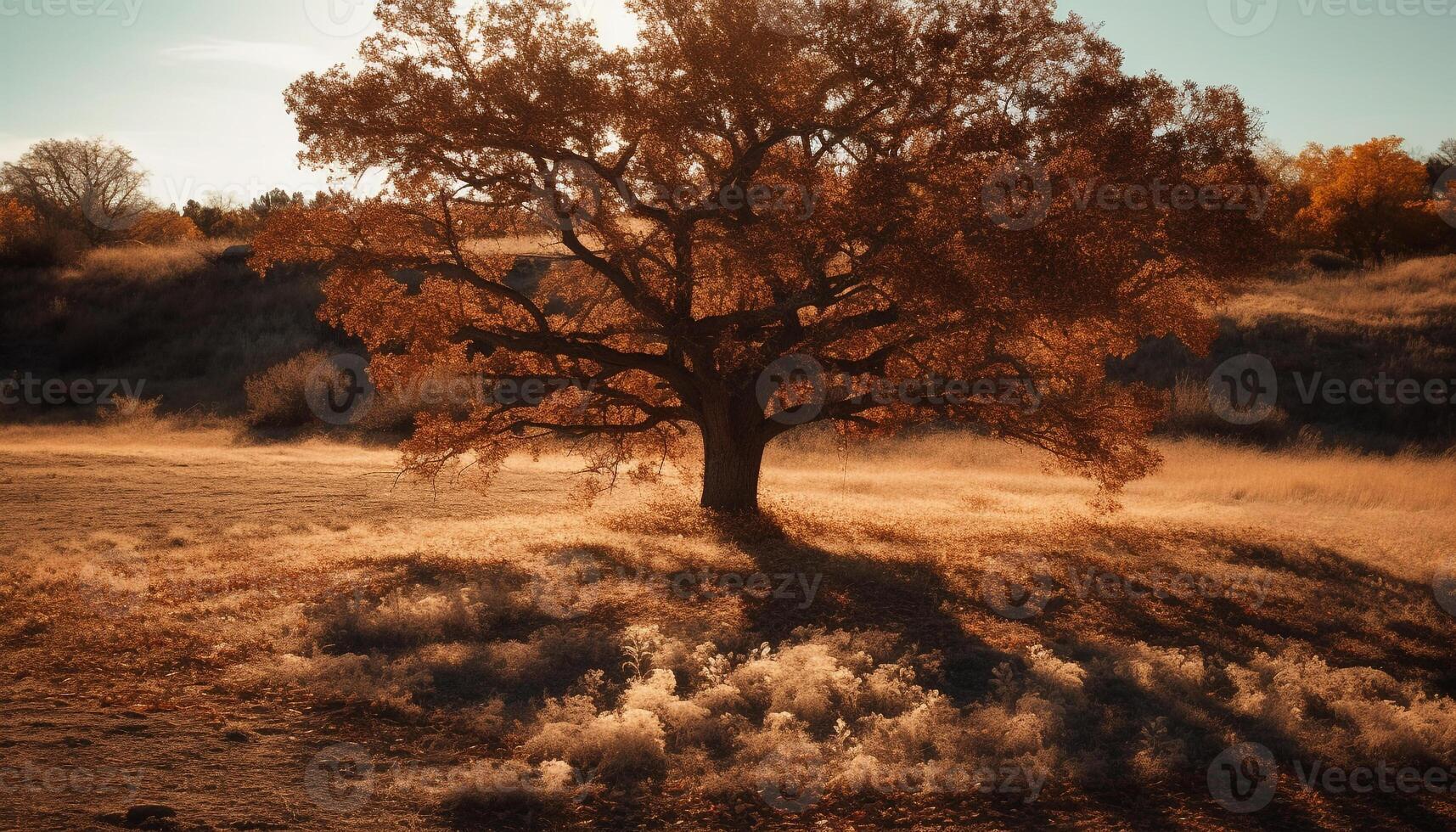 Tranquil autumn meadow, backlit by sunset, surrounded by forest growth generated by AI photo