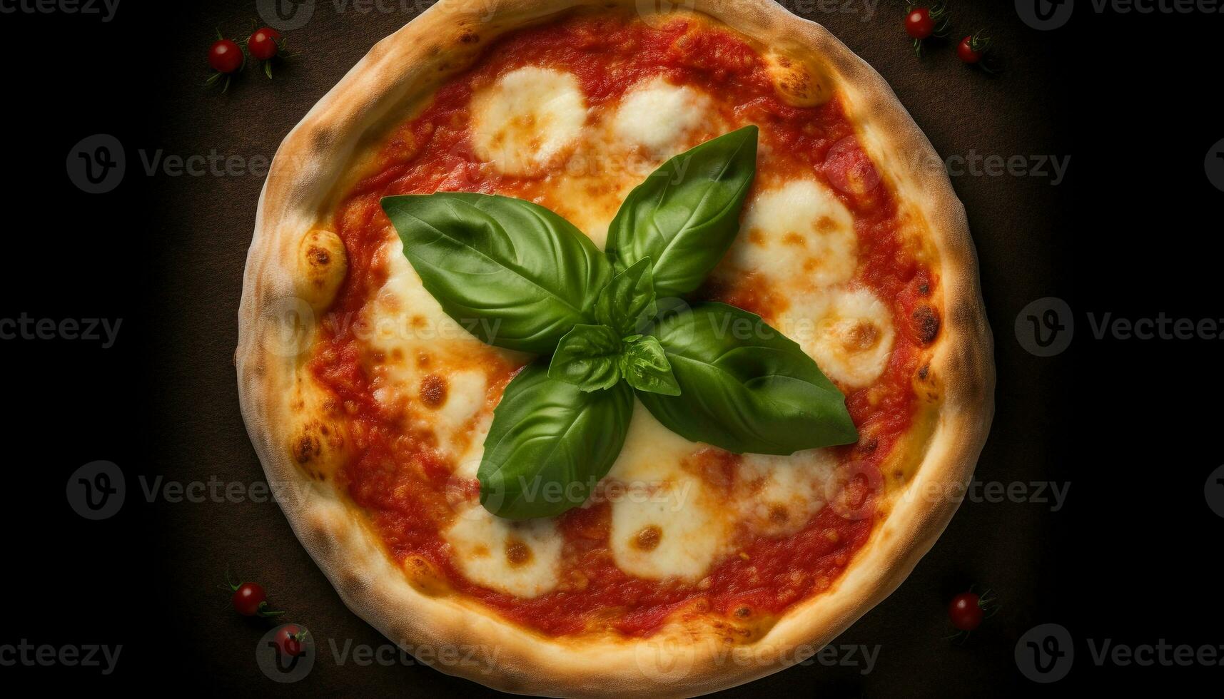 Close up of freshly baked margherita pizza with mozzarella and tomato generated by AI photo