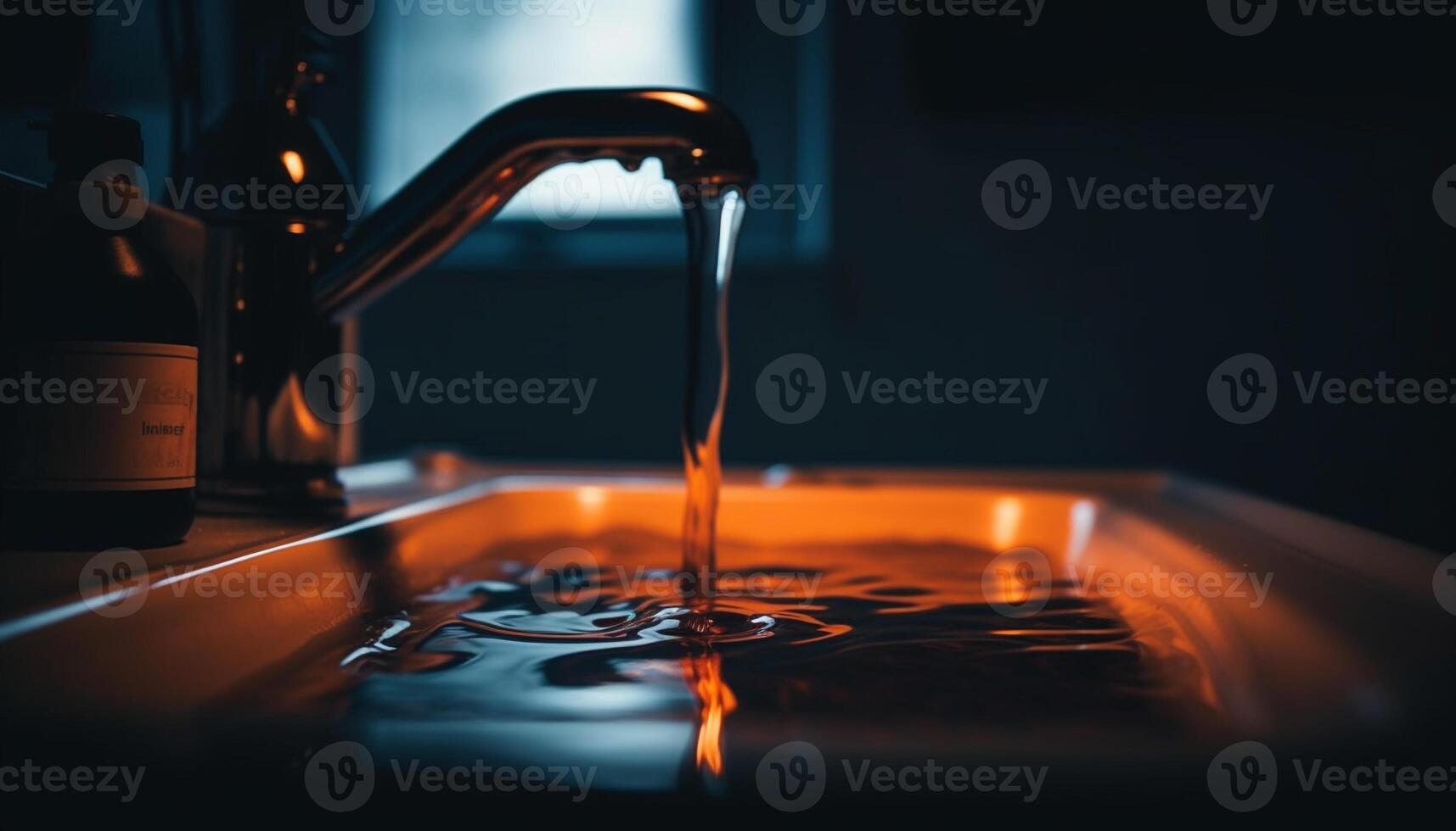 Flowing water pouring from faucet, splashing in clean sink generated by AI photo