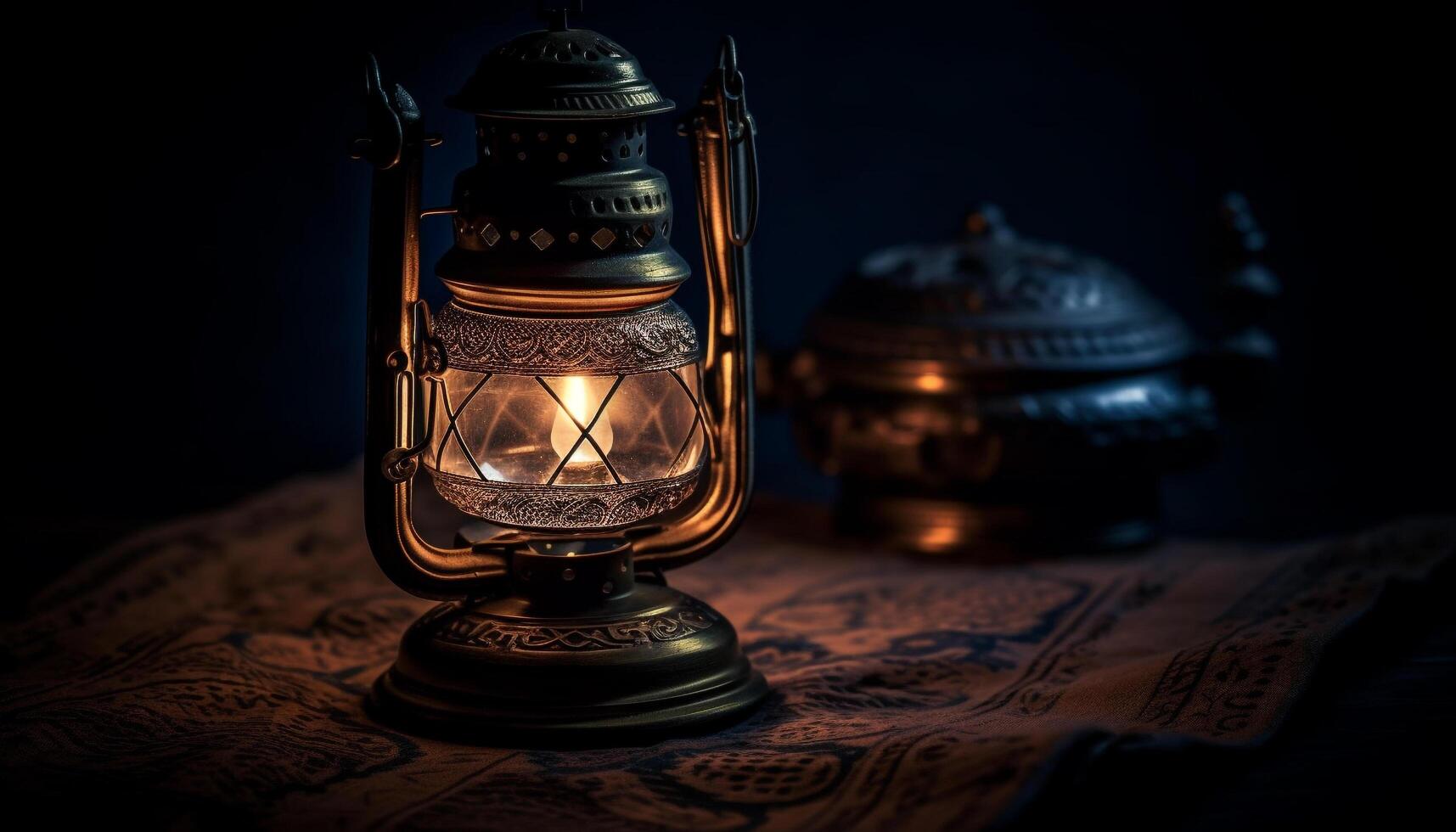 Antique lantern illuminates rustic table with glowing candlelight decoration generated by AI photo