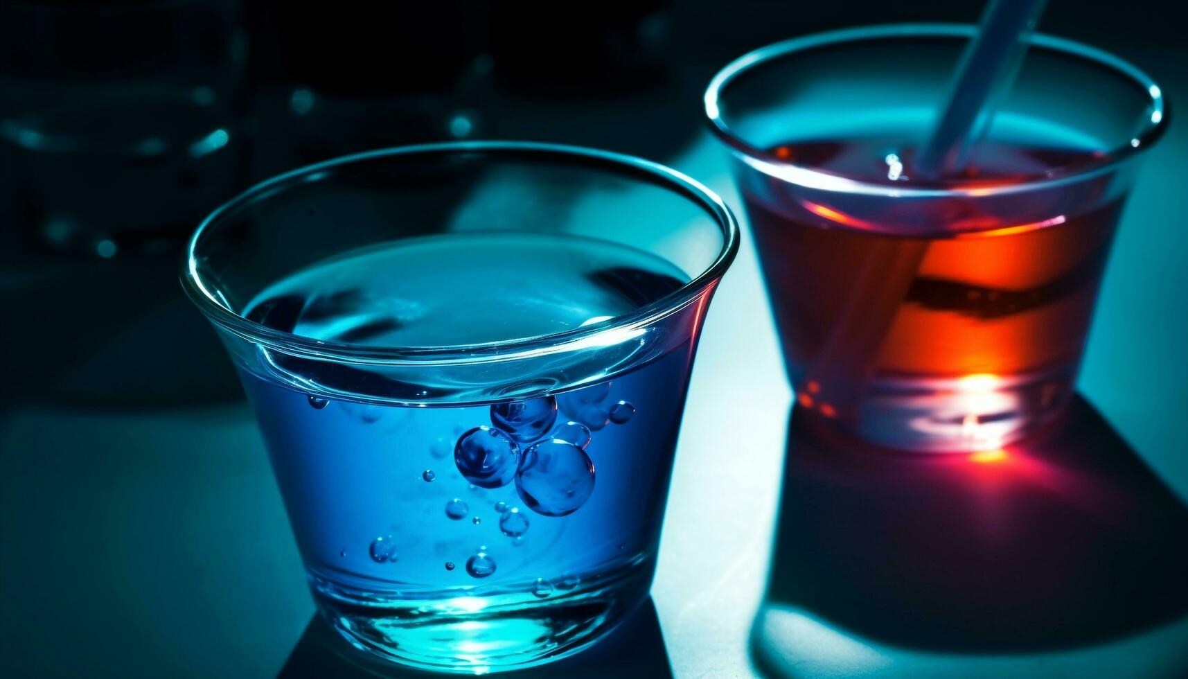 Blue cocktail glass reflects dark nightclub background, pouring refreshing whiskey generated by AI photo