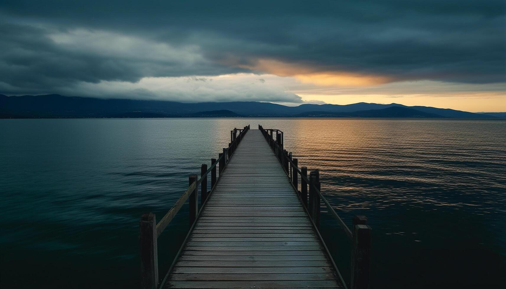 tranquilo escena de un puesta de sol terminado el azul agua y montaña generado por ai foto