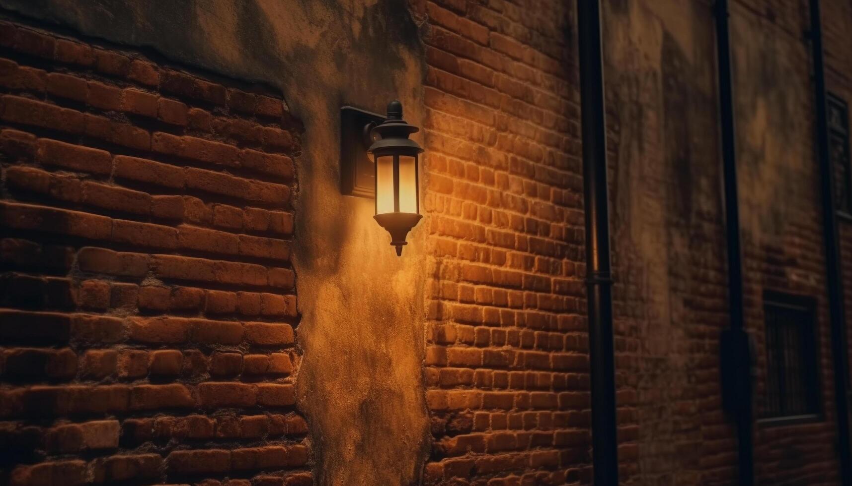 Rusty lantern illuminates old brick wall in dark architecture background generated by AI photo
