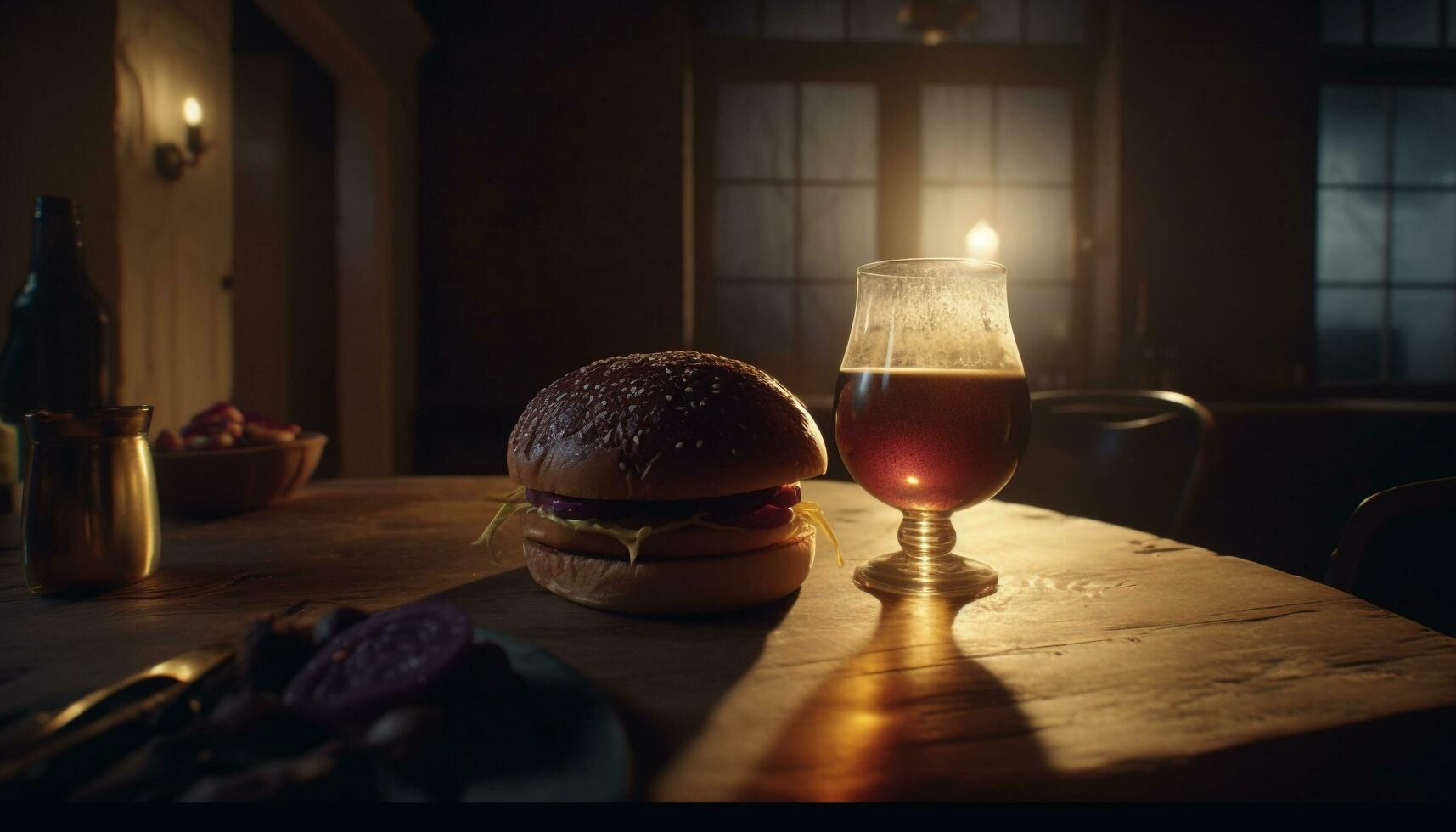 Grilled gourmet cheeseburger and fries served on rustic wooden plate generated by AI photo