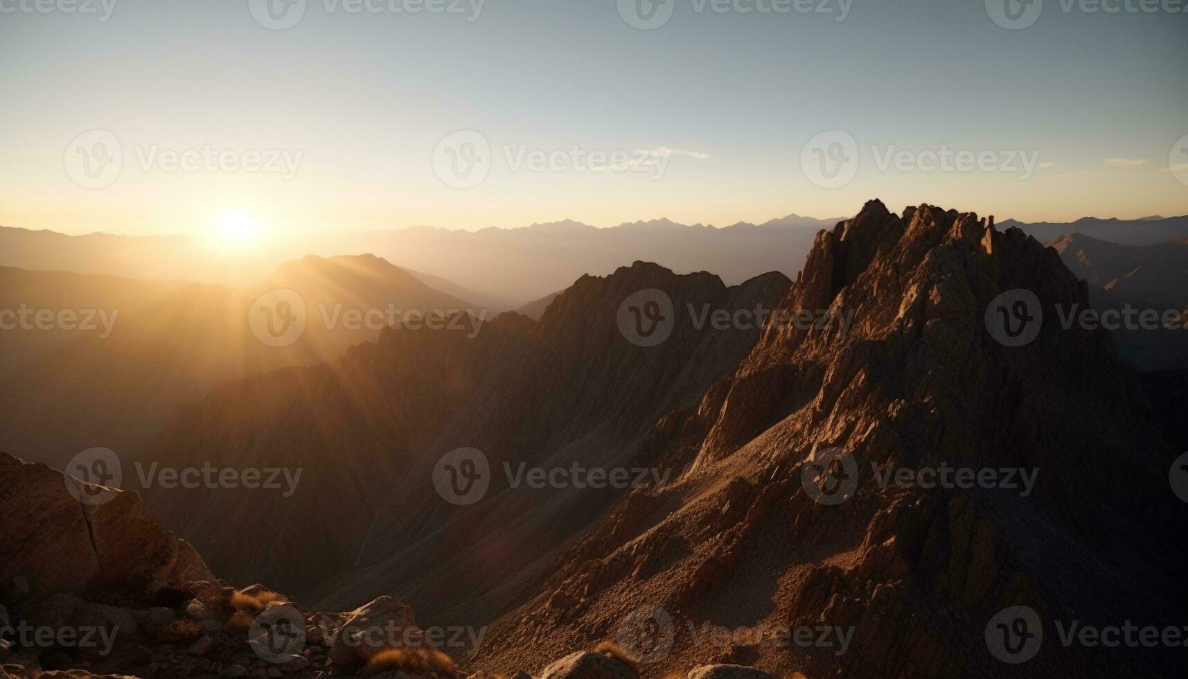 Silhouette of majestic mountain peak back lit by yellow sunlight generated by AI photo