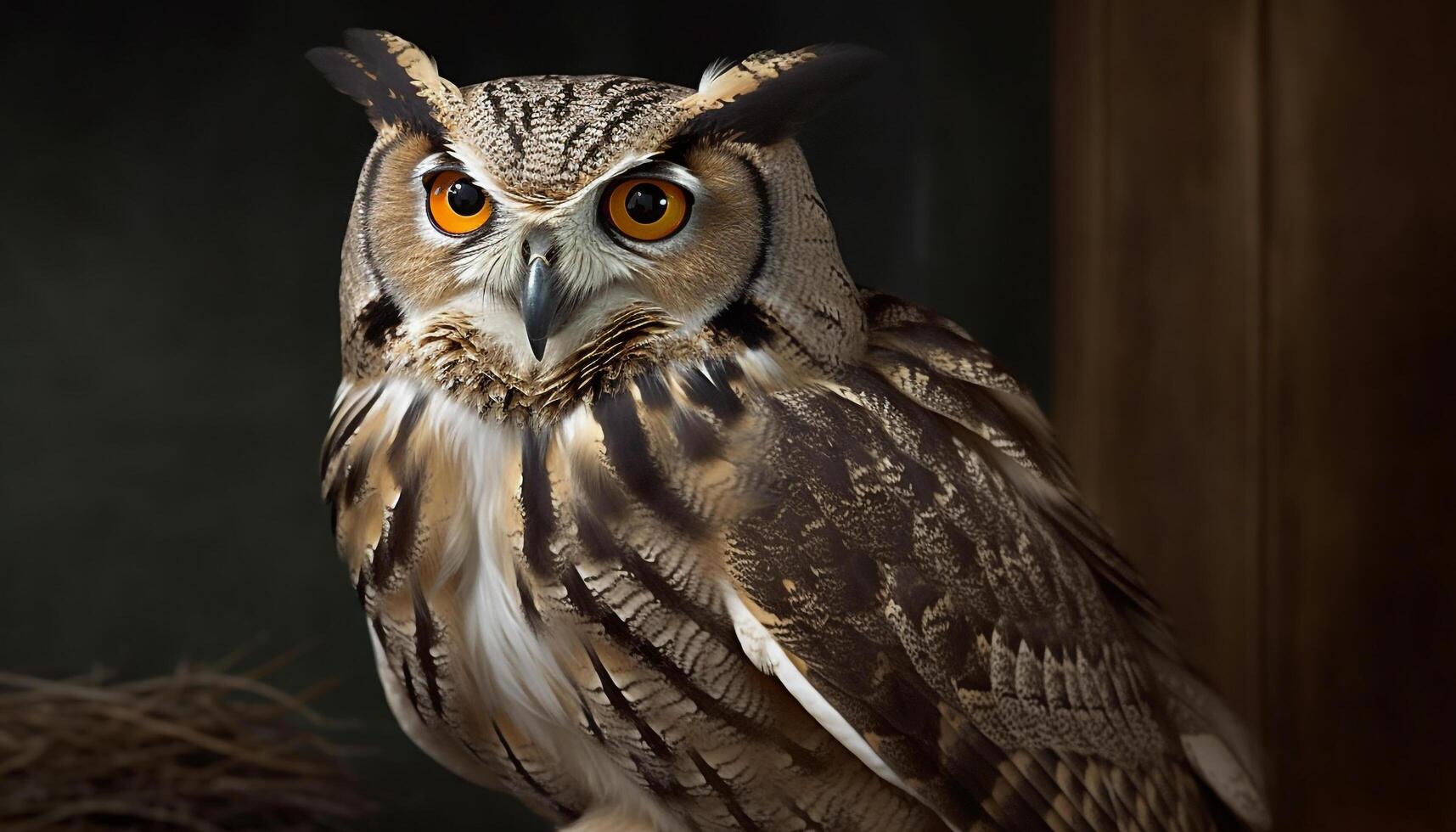 Great horned owl perching on branch, staring with piercing eye generated by AI photo