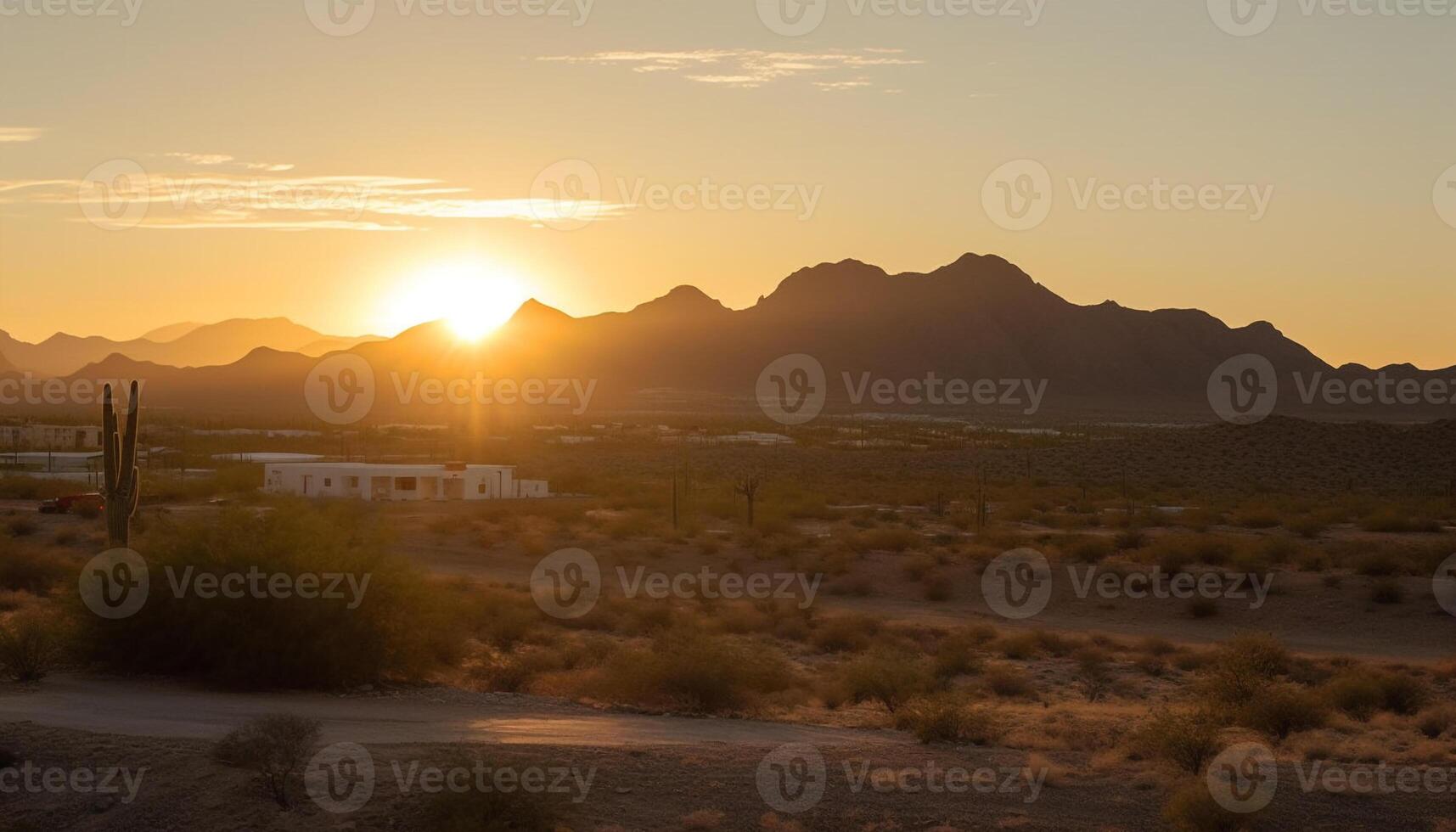 Silhouette of mountain range back lit by sunset golden sunlight generated by AI photo