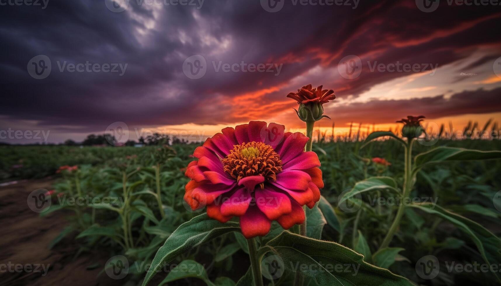 Vibrant sunset meadow yellow, purple, pink, orange, and green colors generated by AI photo