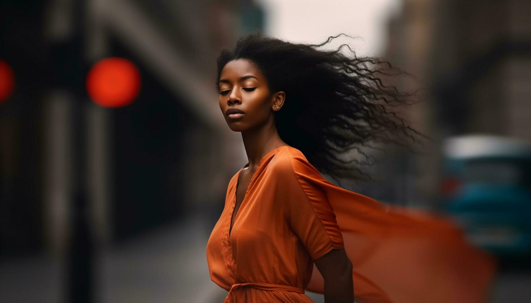 One young woman, confident and fashionable, standing outdoors in summer generated by AI photo