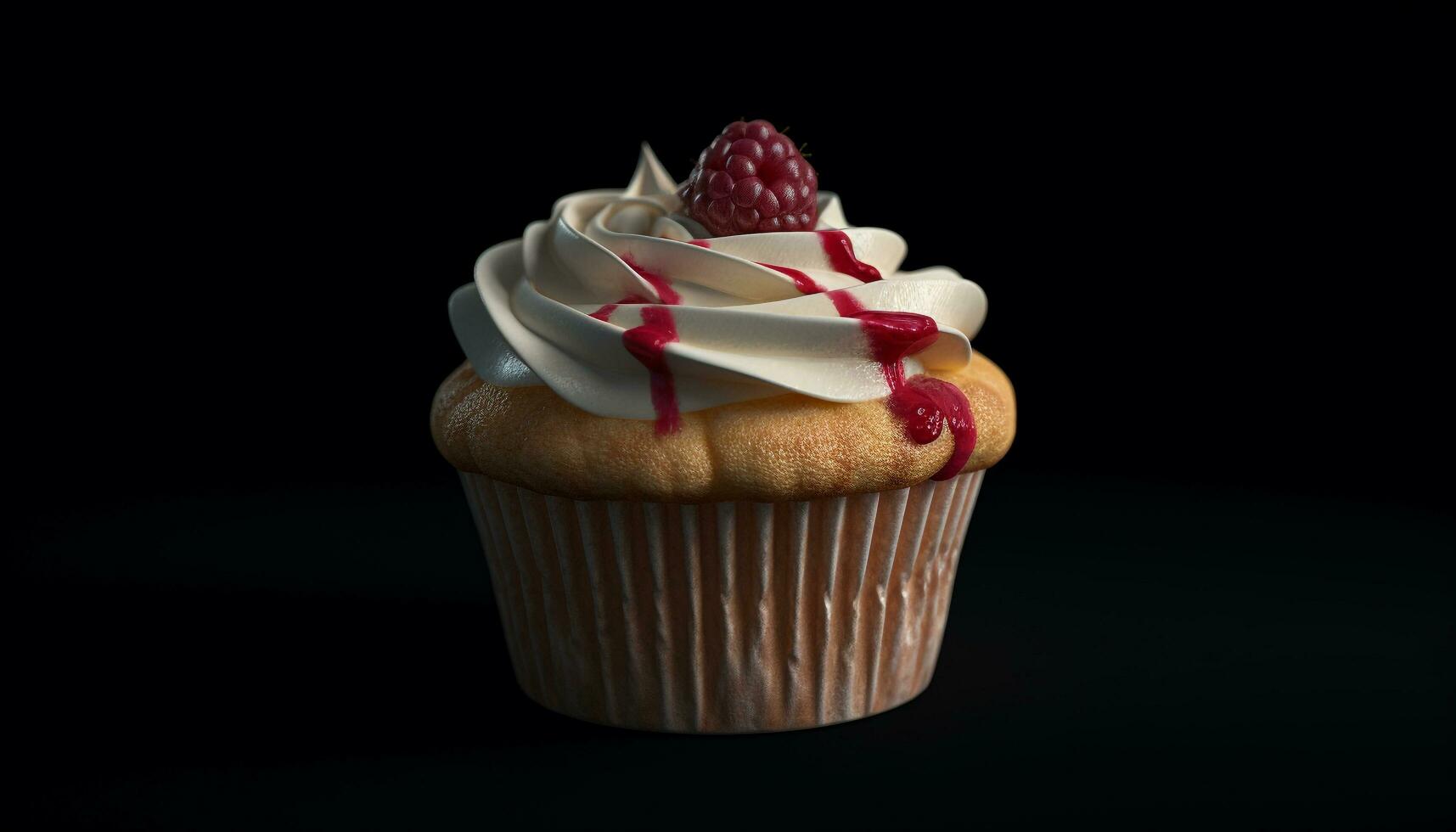 Homemade gourmet cupcake with chocolate icing and raspberry decoration generated by AI photo