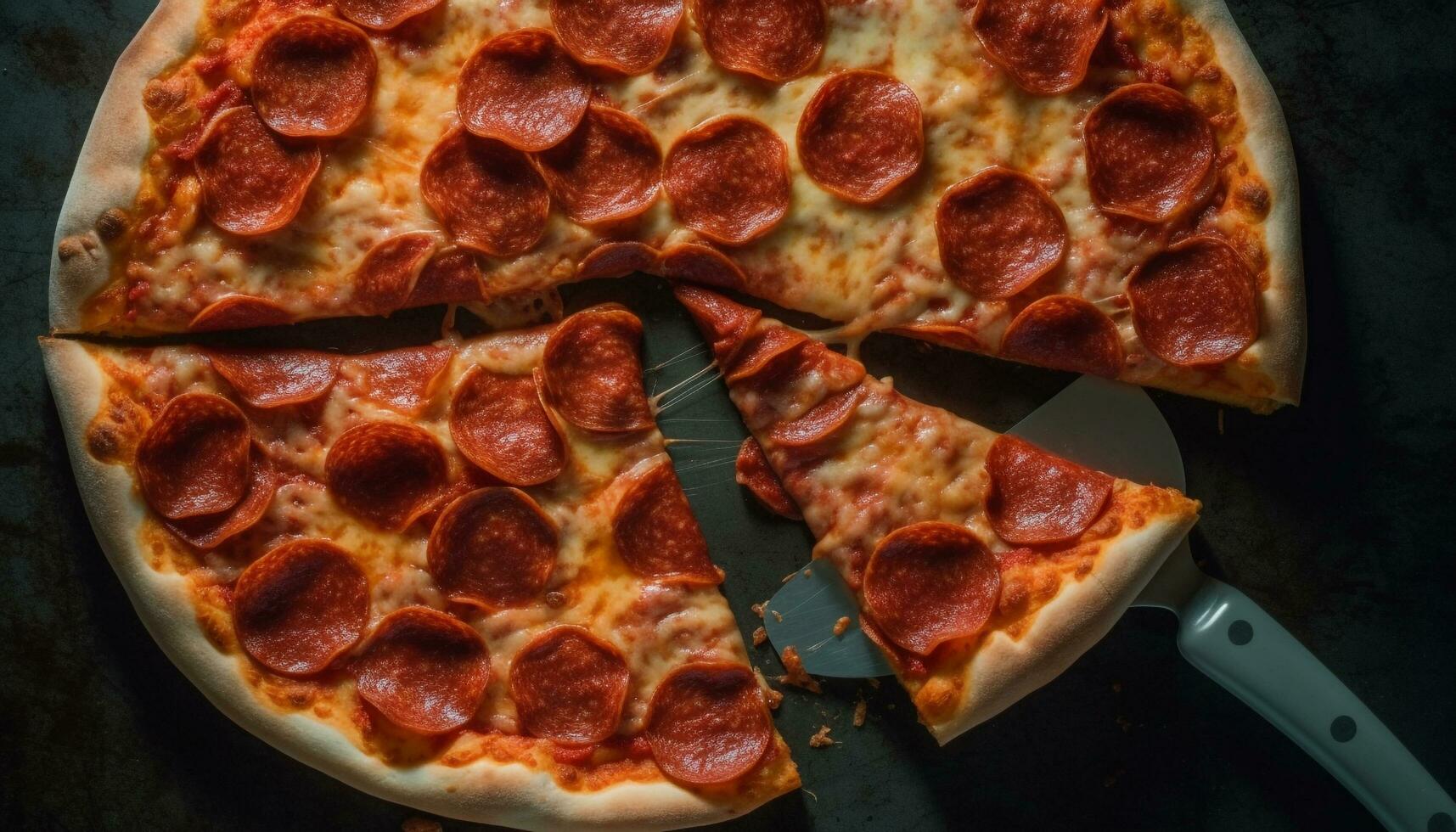 recién horneado Pizza con queso Mozzarella, carne, y vegetales en rústico mesa generado por ai foto