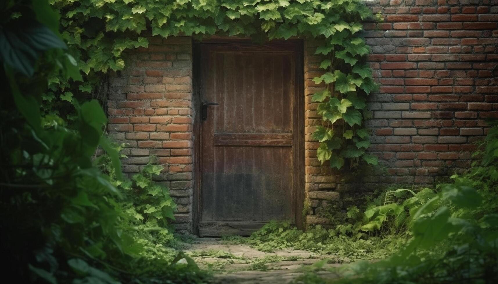 Abandoned old farm building with rusty lock and weathered brick wall generated by AI photo