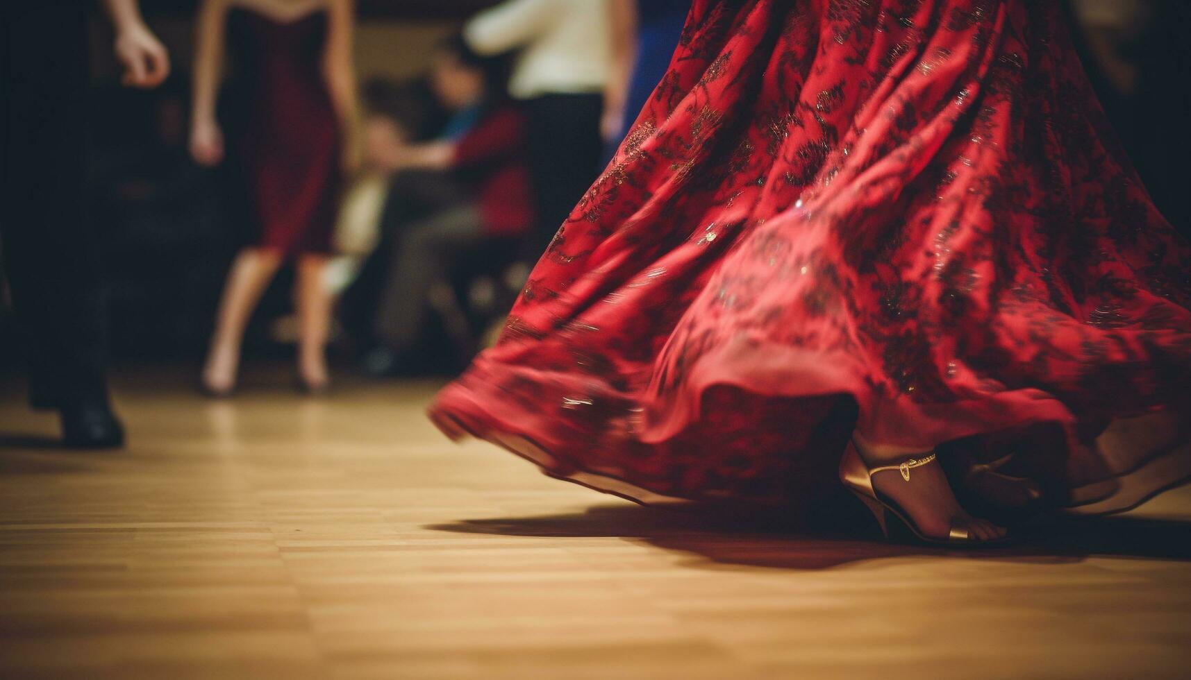 elegante mujer en seda Faldas danza en etapa en terciopelo piso generado por ai foto