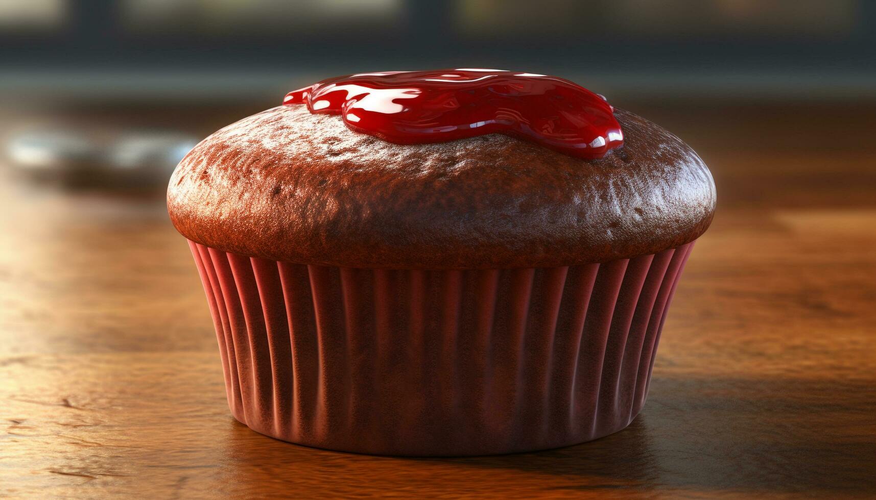 Homemade chocolate chip muffin, a sweet indulgence on wooden table generated by AI photo