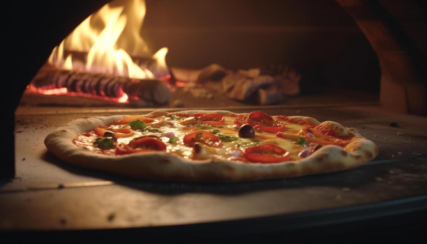 recién horneado Pizza con queso Mozzarella, salami, y tomate en rústico mesa generado por ai foto