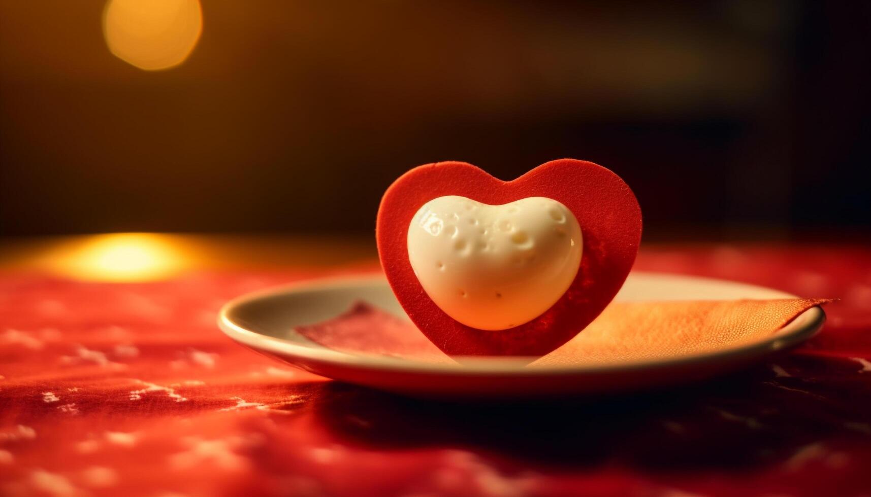 romántico celebracion con gastrónomo postre, corazón conformado chocolate y vela fuego generado por ai foto