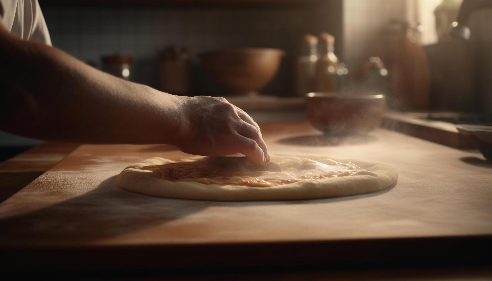 Handmade pizza dough on wooden table, fresh ingredients for homemade meal generated by AI photo