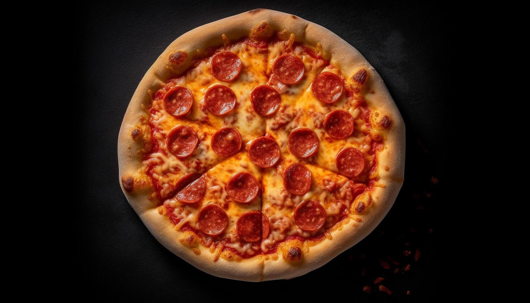 Freshly baked pizza with mozzarella, salami, and tomato sauce generated by AI photo