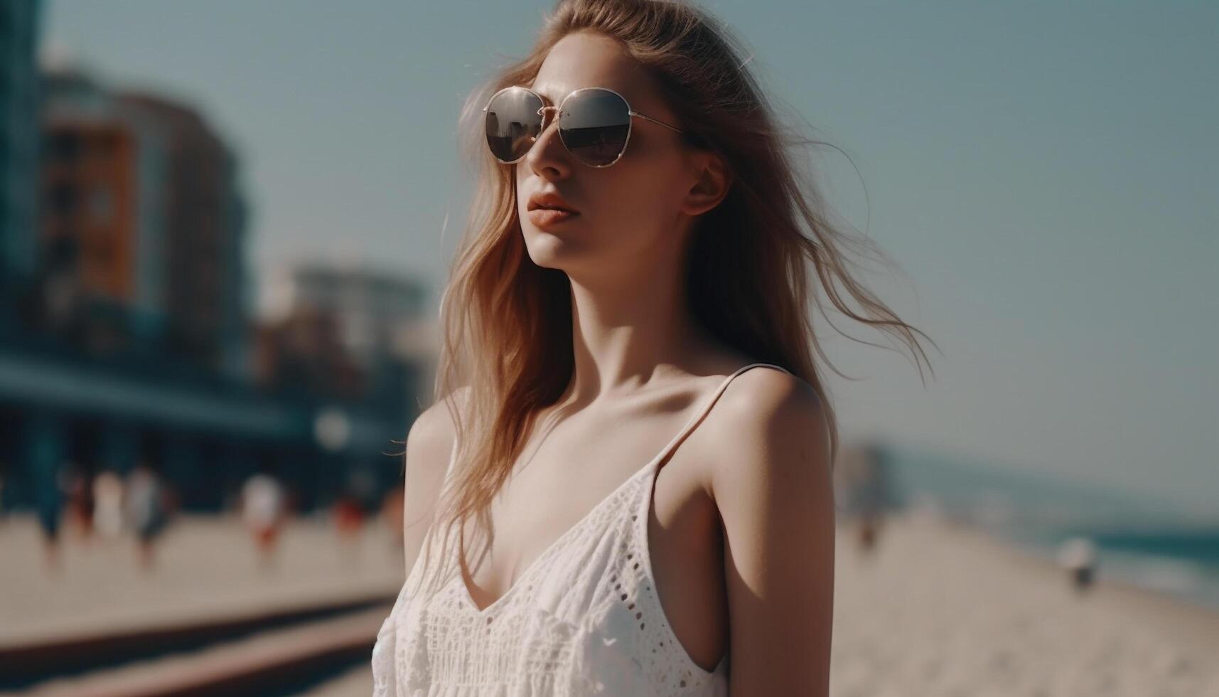 One young woman, standing outdoors, looking at camera with sunglasses generated by AI photo