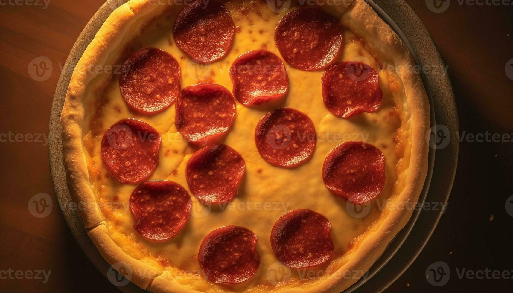 Freshly baked gourmet pizza, with mozzarella and pepperoni, on table generated by AI photo