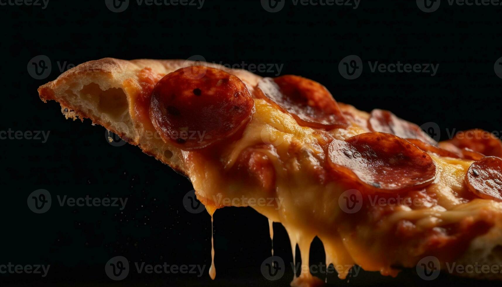 cerca arriba de gastrónomo Pizza rebanada con Derretido queso Mozzarella y carne generado por ai foto