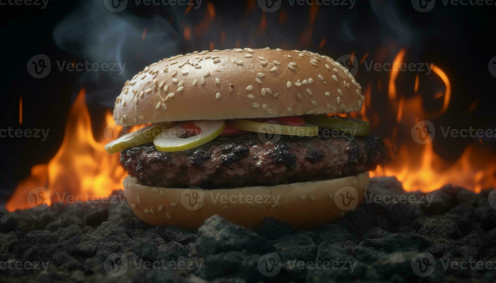 Flame grilled beef burger, cheese, tomato, sesame bun, gourmet meal generated by AI photo