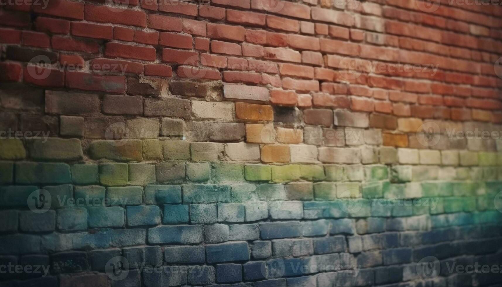 Weathered brick wall with rough, textured effect and multi colored backdrop generated by AI photo