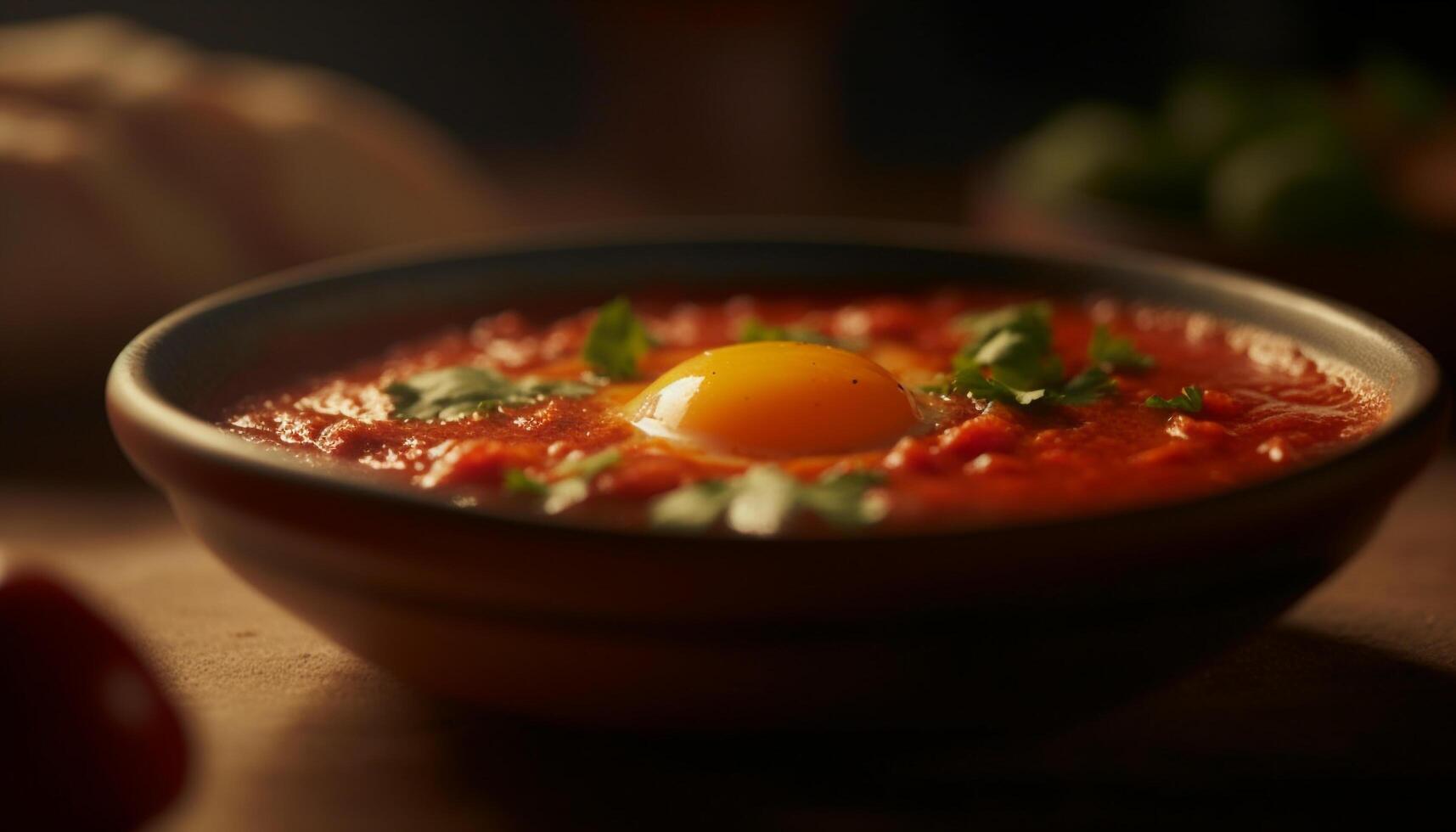 Fresh vegetarian soup with organic tomato and herb spice garnish generated by AI photo