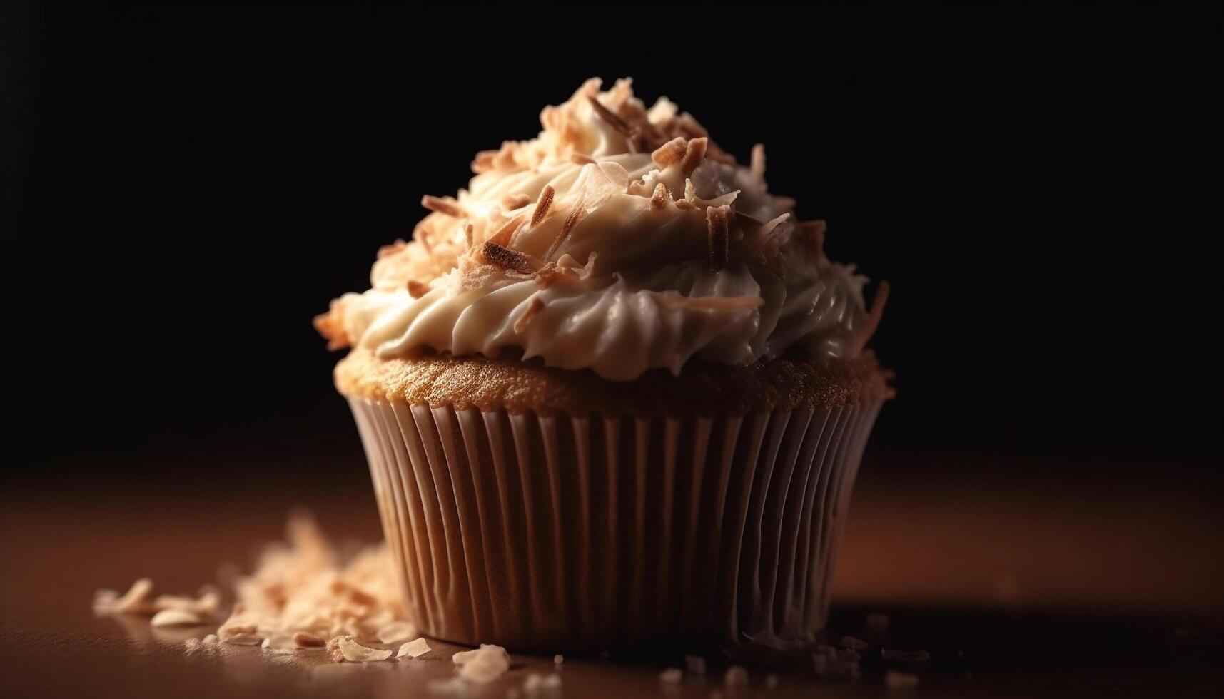 Decadent chocolate chip muffin with creamy homemade icing and decoration generated by AI photo