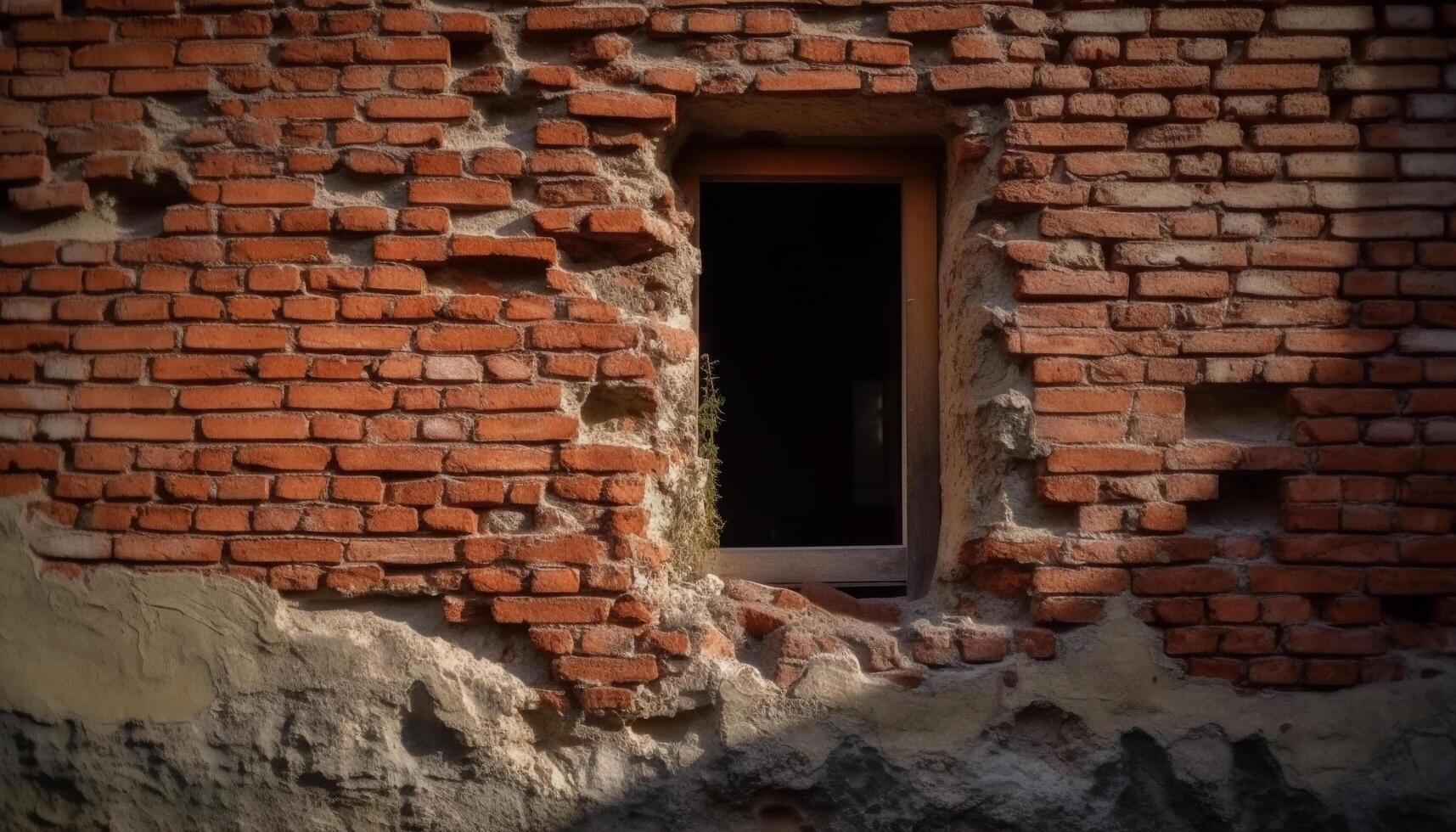 Abandoned old ruin with broken window, weathered brick wall backdrop generated by AI photo