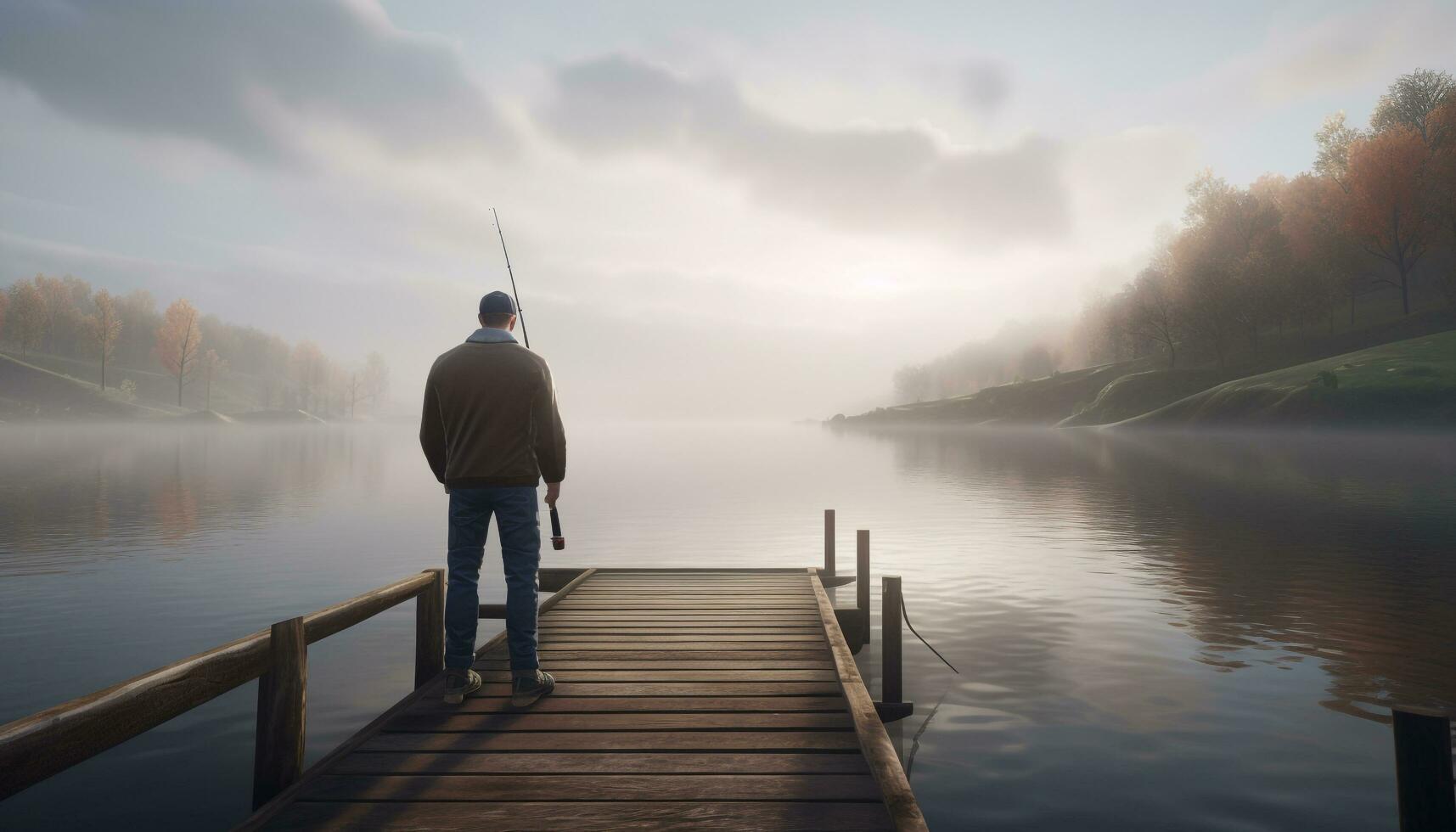 uno persona en pie en embarcadero, pescar en tranquilo otoño paisaje generado por ai foto
