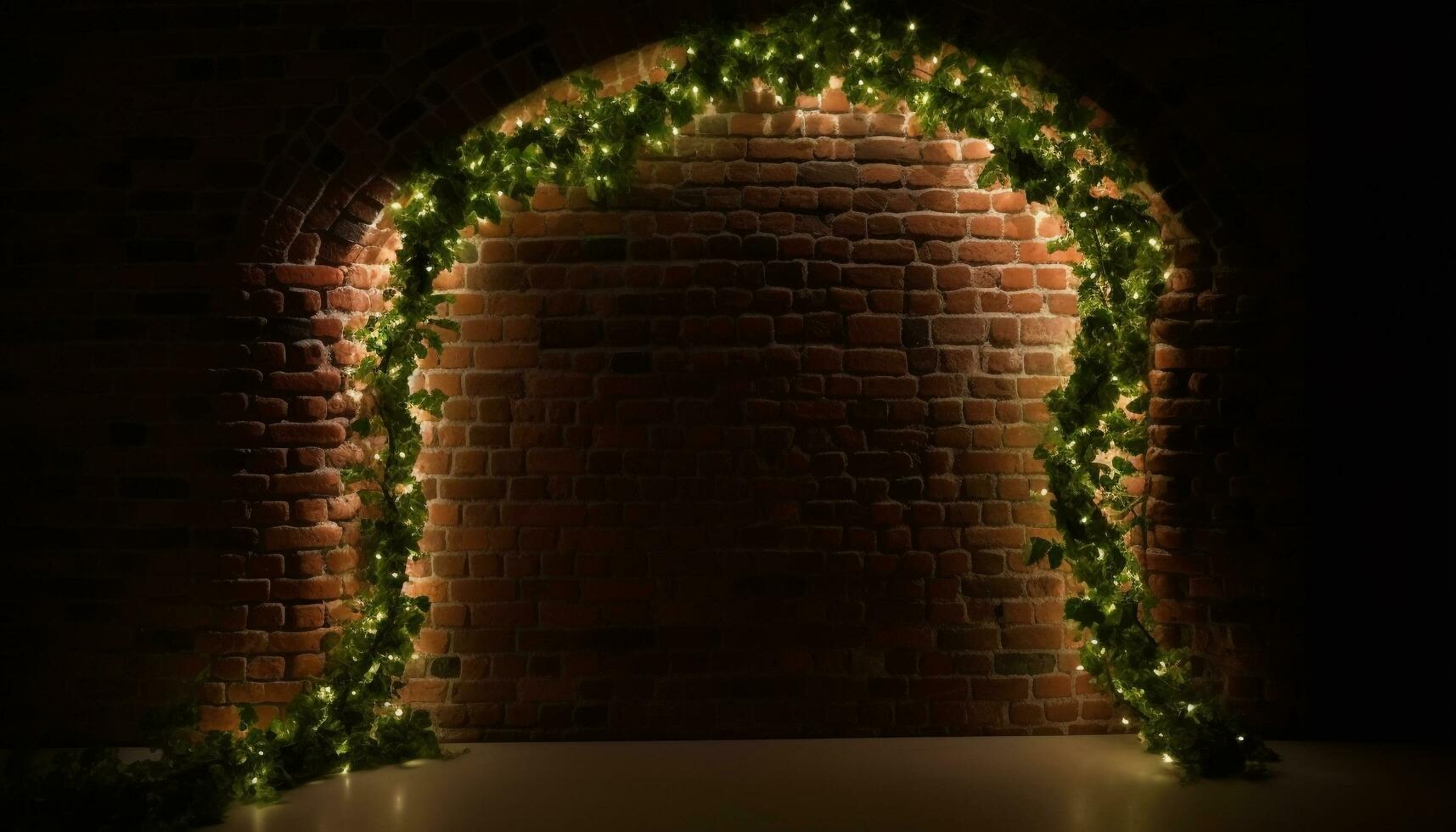 Illuminated brick wall backdrop with glowing abstract decoration and nature frame generated by AI photo