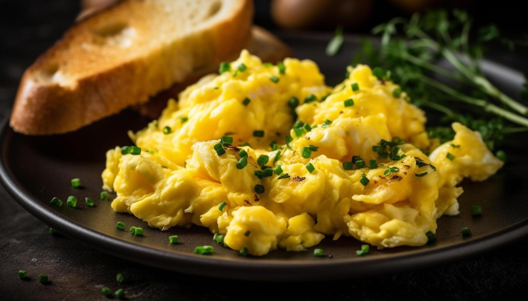 Healthy vegetarian meal with scrambled eggs, vegetables, and homemade bread generated by AI photo