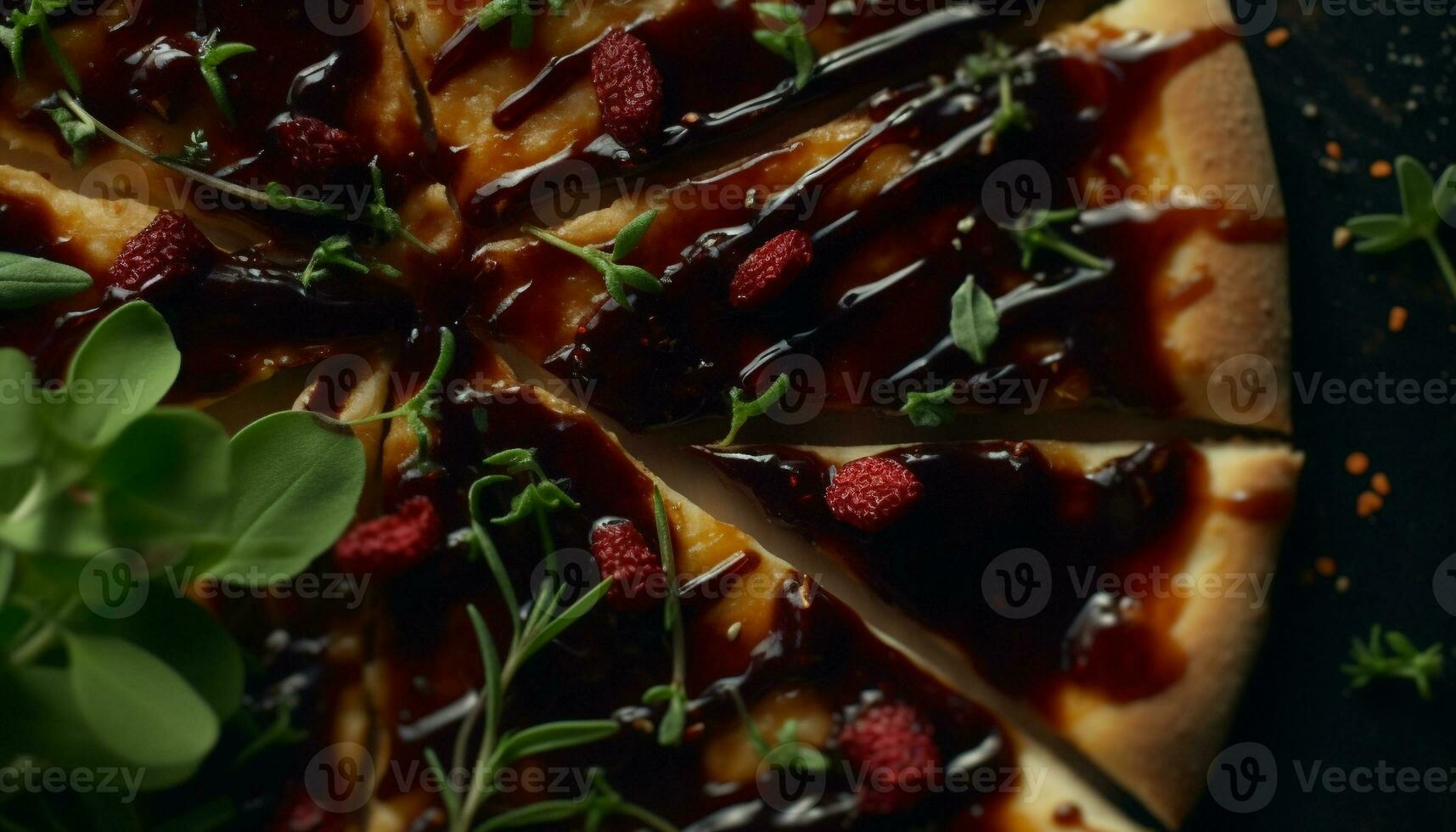 Freshly baked gourmet pizza with berry fruit and chocolate indulgence generated by AI photo