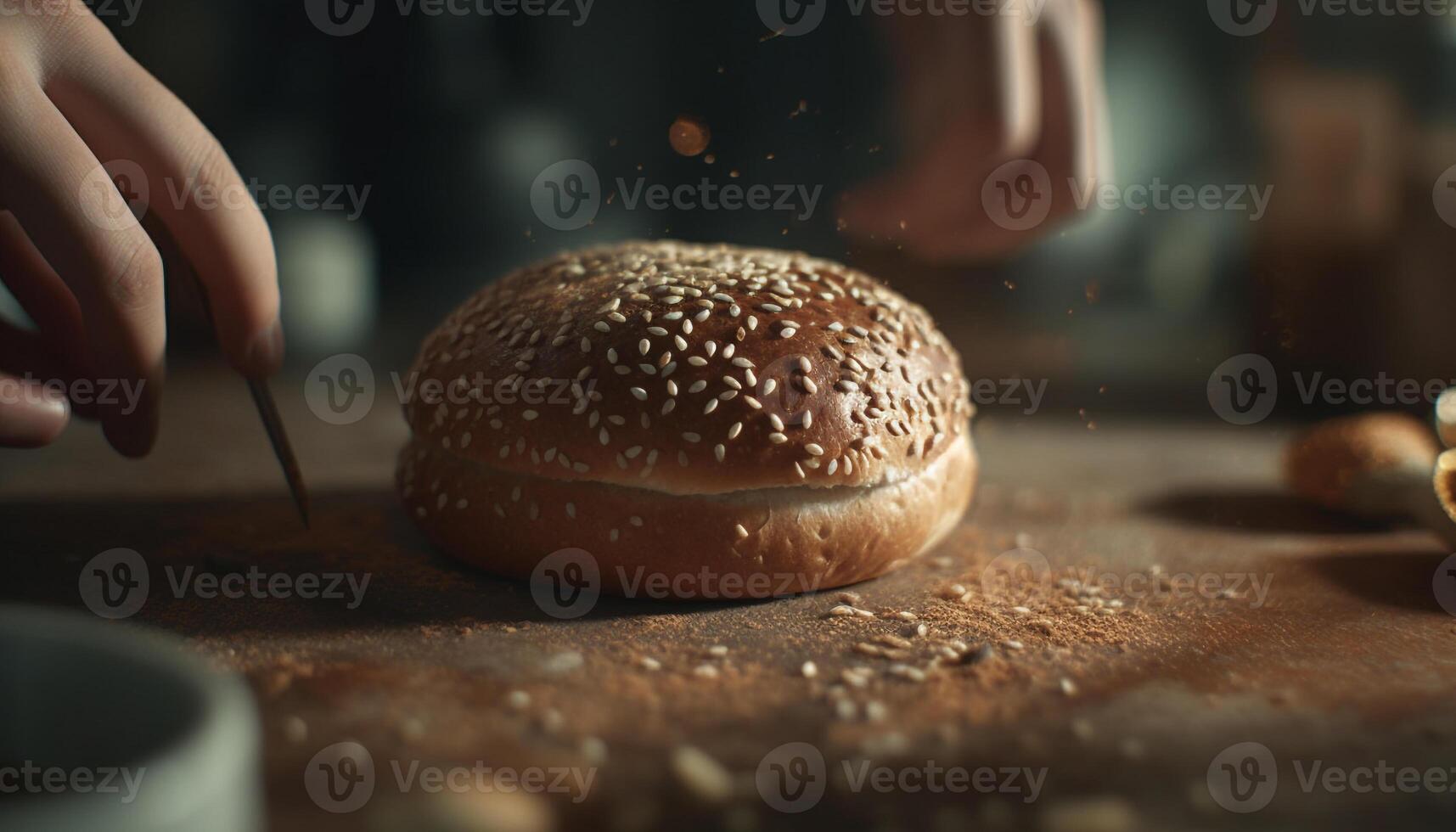 mano prepara hecho en casa hamburguesa en rústico de madera mesa con sésamo semilla bollo generado por ai foto