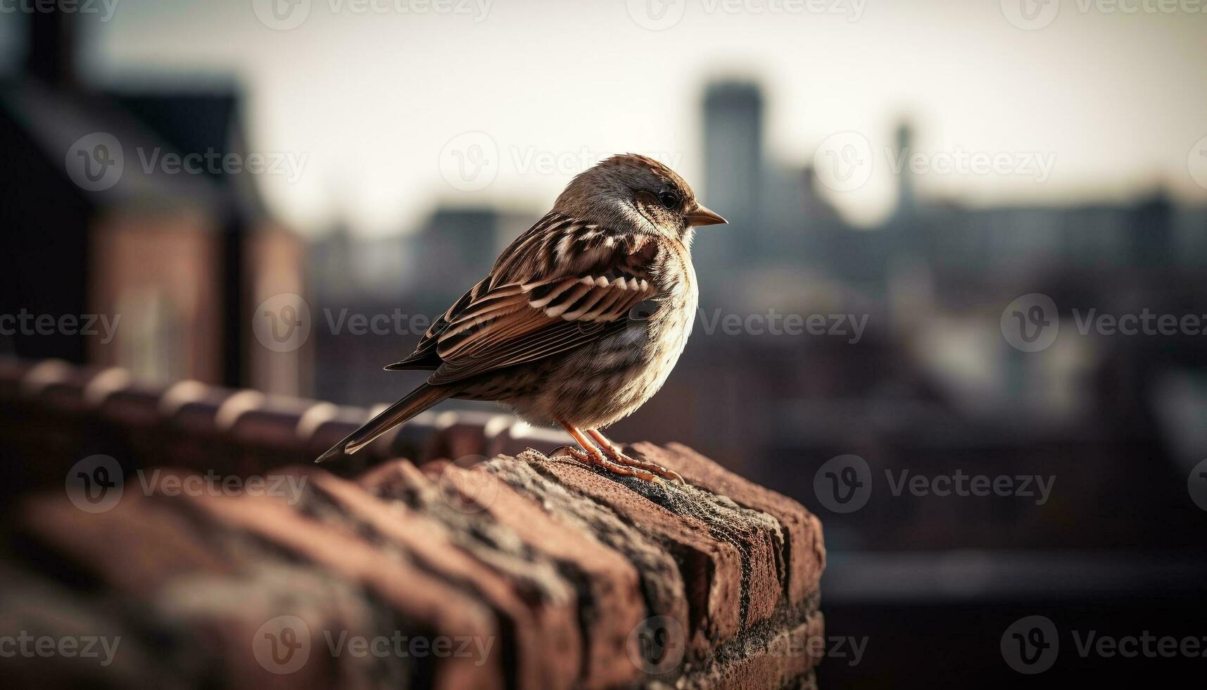 Sparrow perching on branch, close up, selective focus, outdoors beauty generated by AI photo